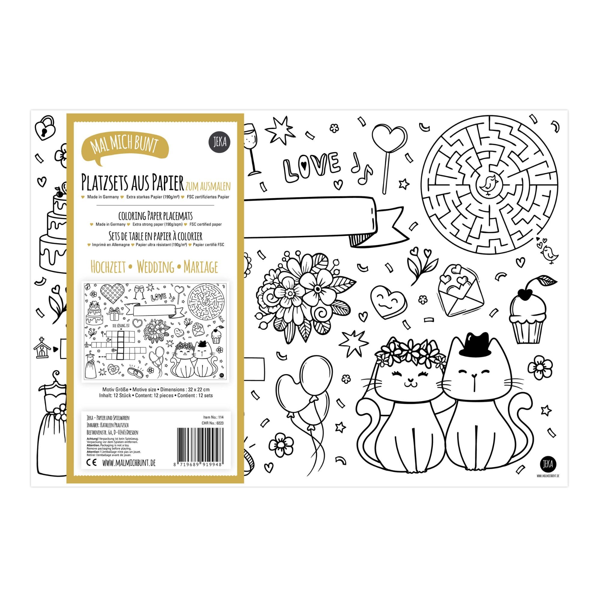 12 Platzsets Hochzeit zum Ausmalen Jeka - malmichbunt.de