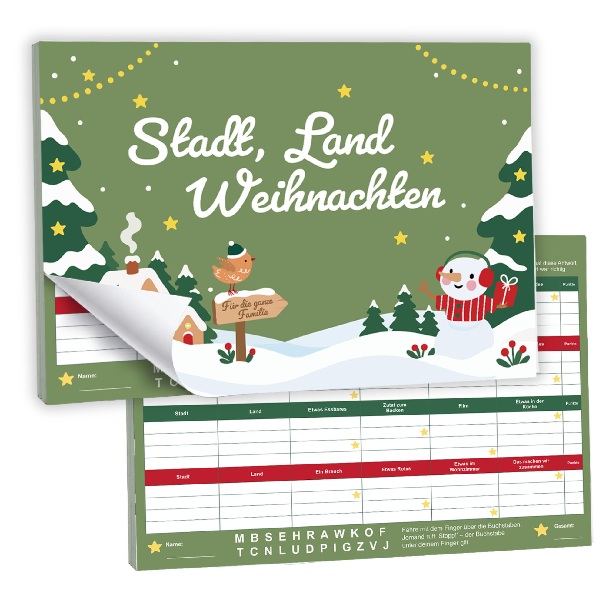 Stadt, Land, Weihnachten – Weihnachtliches Stadt-Land-Fluss Spiel für die ganze Familie | A4 Spielblock