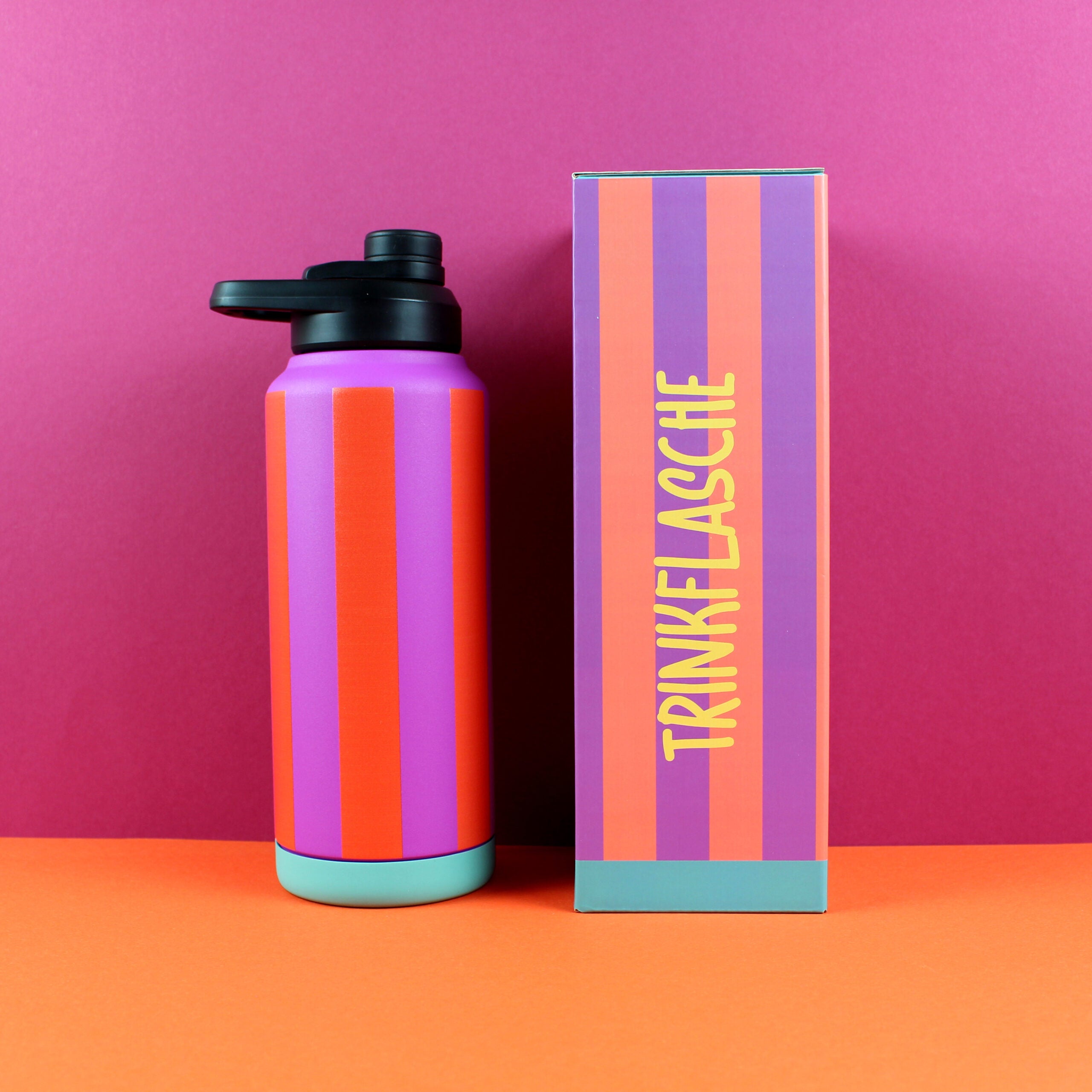 Trinkflasche Stripes, fuchsia/feuerrot/petrol, 1000ml
