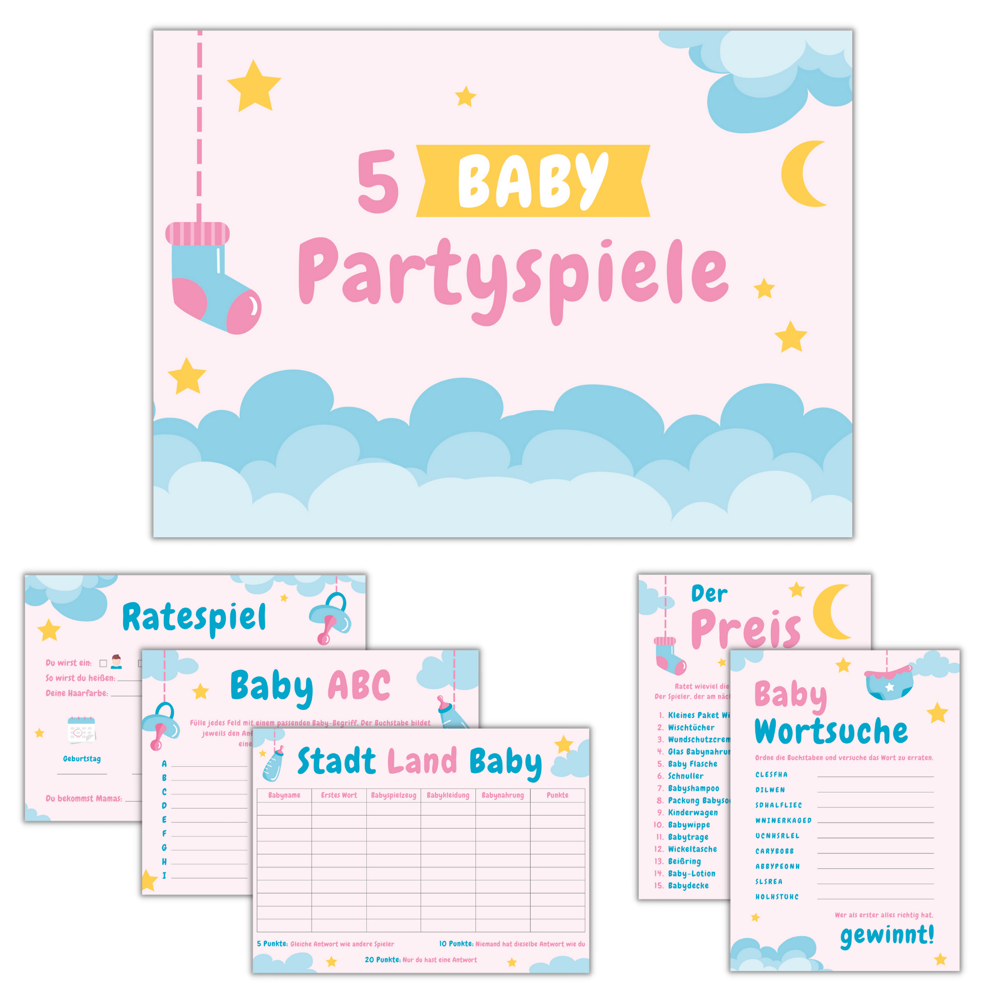 Babyparty Spiele - Set Pink/Blau Jeka - malmichbunt.de