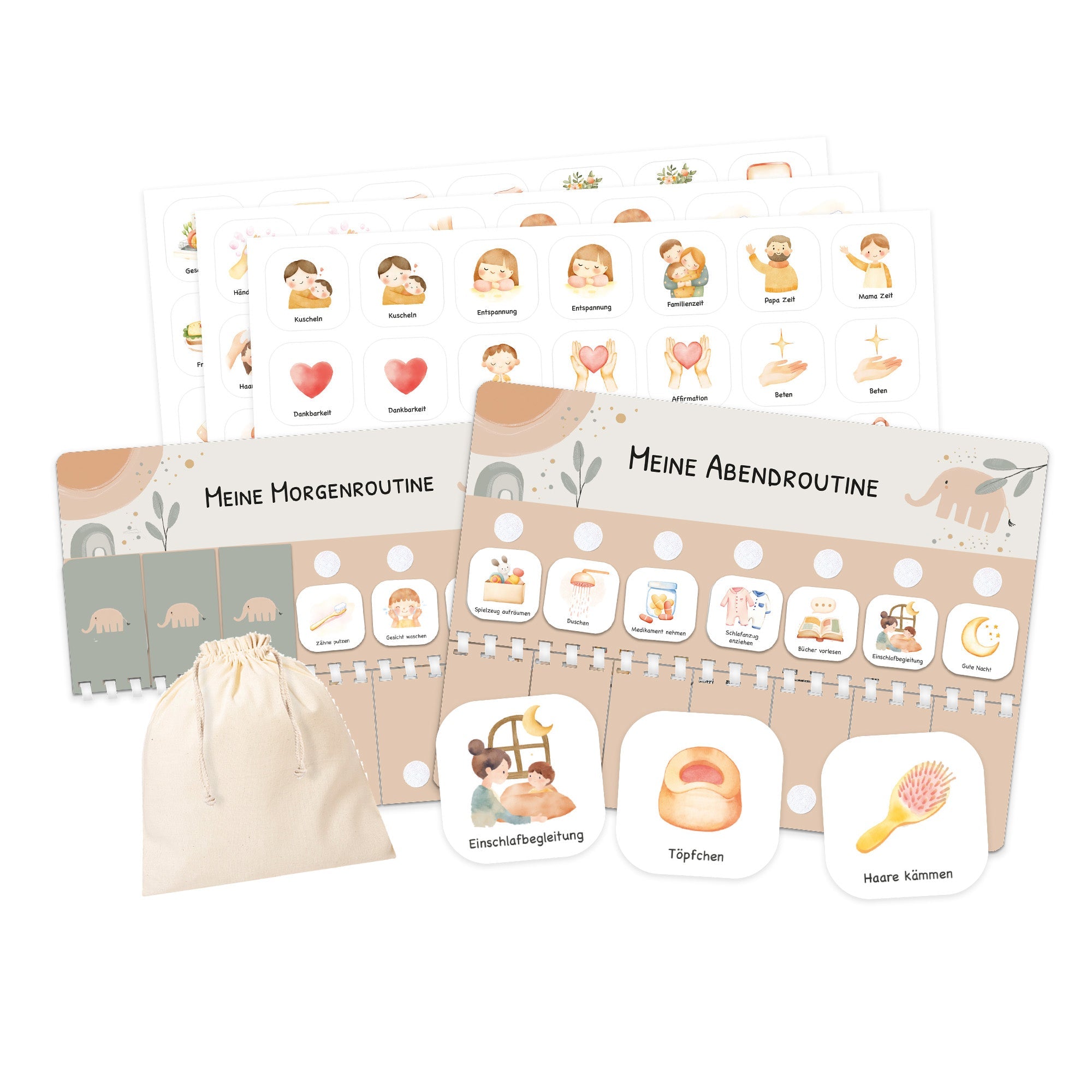 Routineplaner (Morgen & Abend) inkl. 105 Routinekärtchen - Elephant Jeka - malmichbunt.de