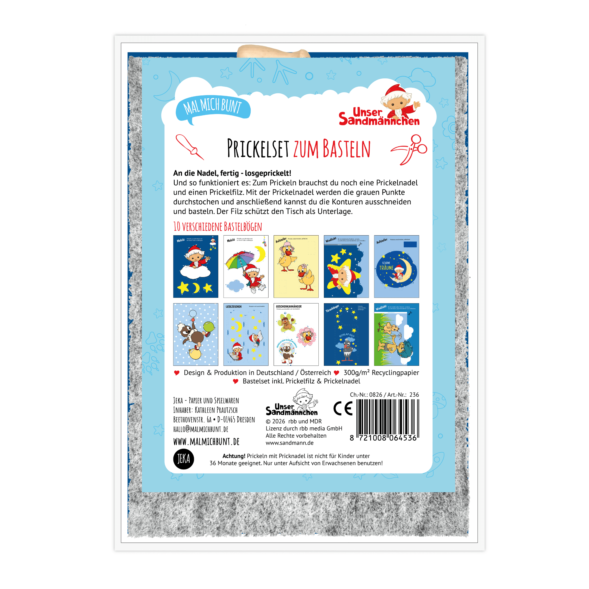 Unser Sandmännchen - Prickelset inkl. 10 Vorlagen, Filz & Nadel Jeka - malmichbunt.de