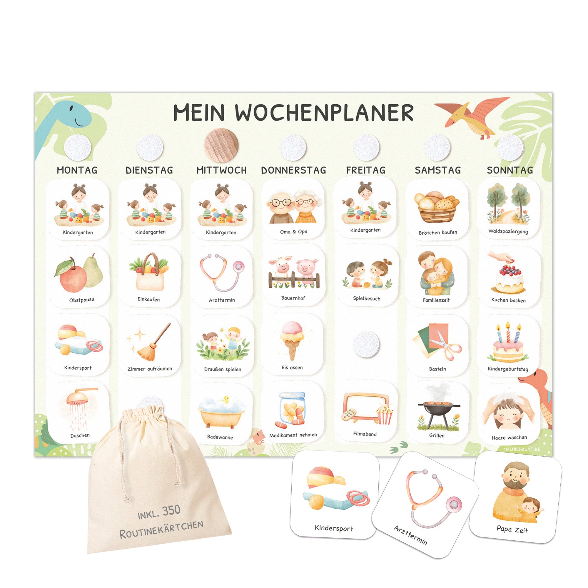 Wochenplaner Kinder inkl. 350 Routinekärtchen - Motiv Dino Jeka - malmichbunt.de