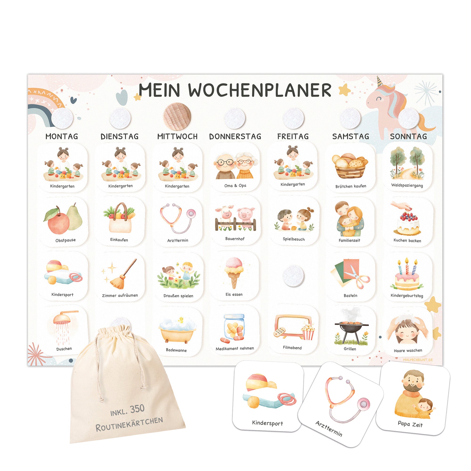 Wochenplaner Kinder inkl. 350 Routinekärtchen - Motiv Einhorn Jeka - malmichbunt.de