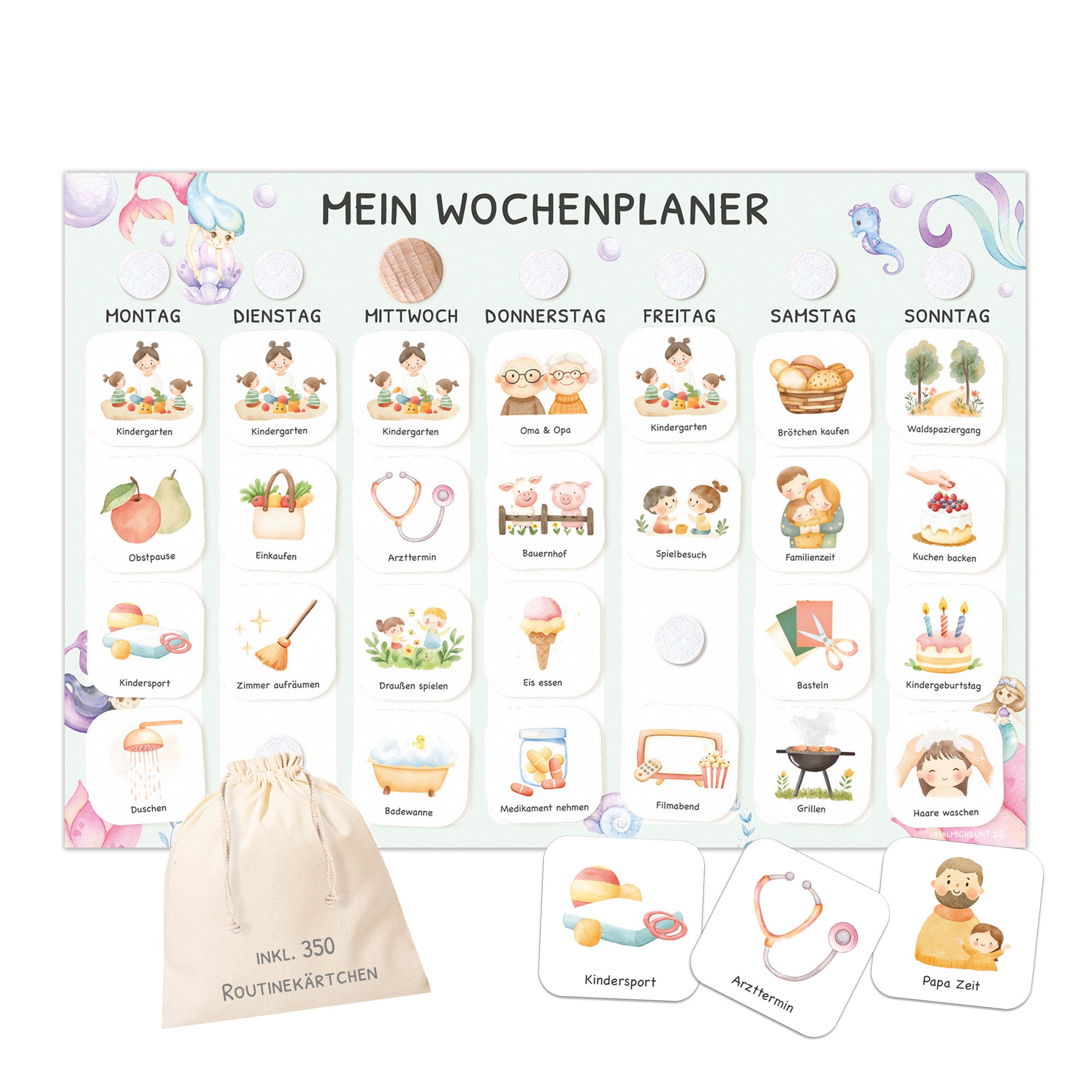 Wochenplaner Kinder inkl. 350 Routinekärtchen - Motiv Meerjungfrau Jeka - malmichbunt.de