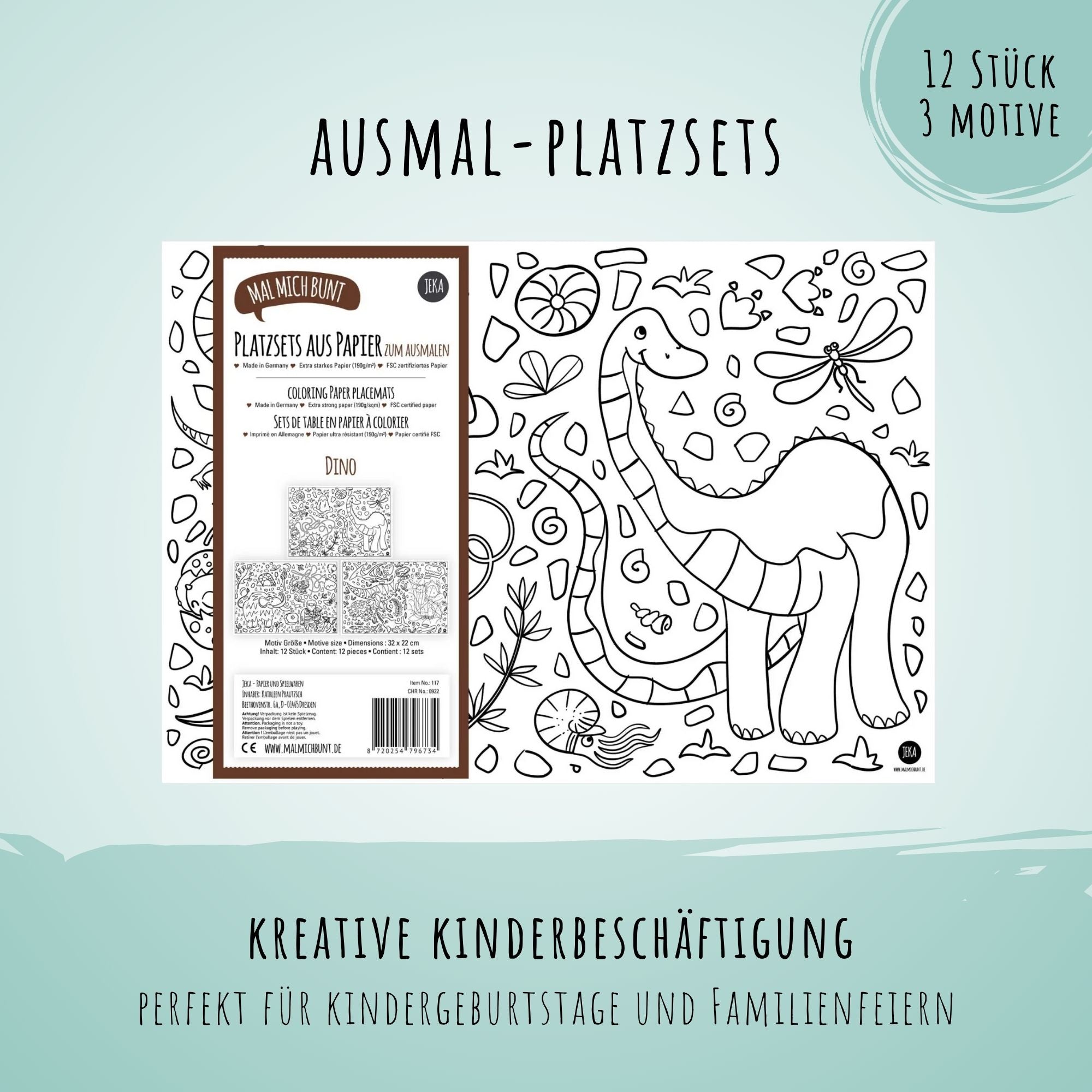 12 Platzsets Dino zum Ausmalen Jeka - malmichbunt.de