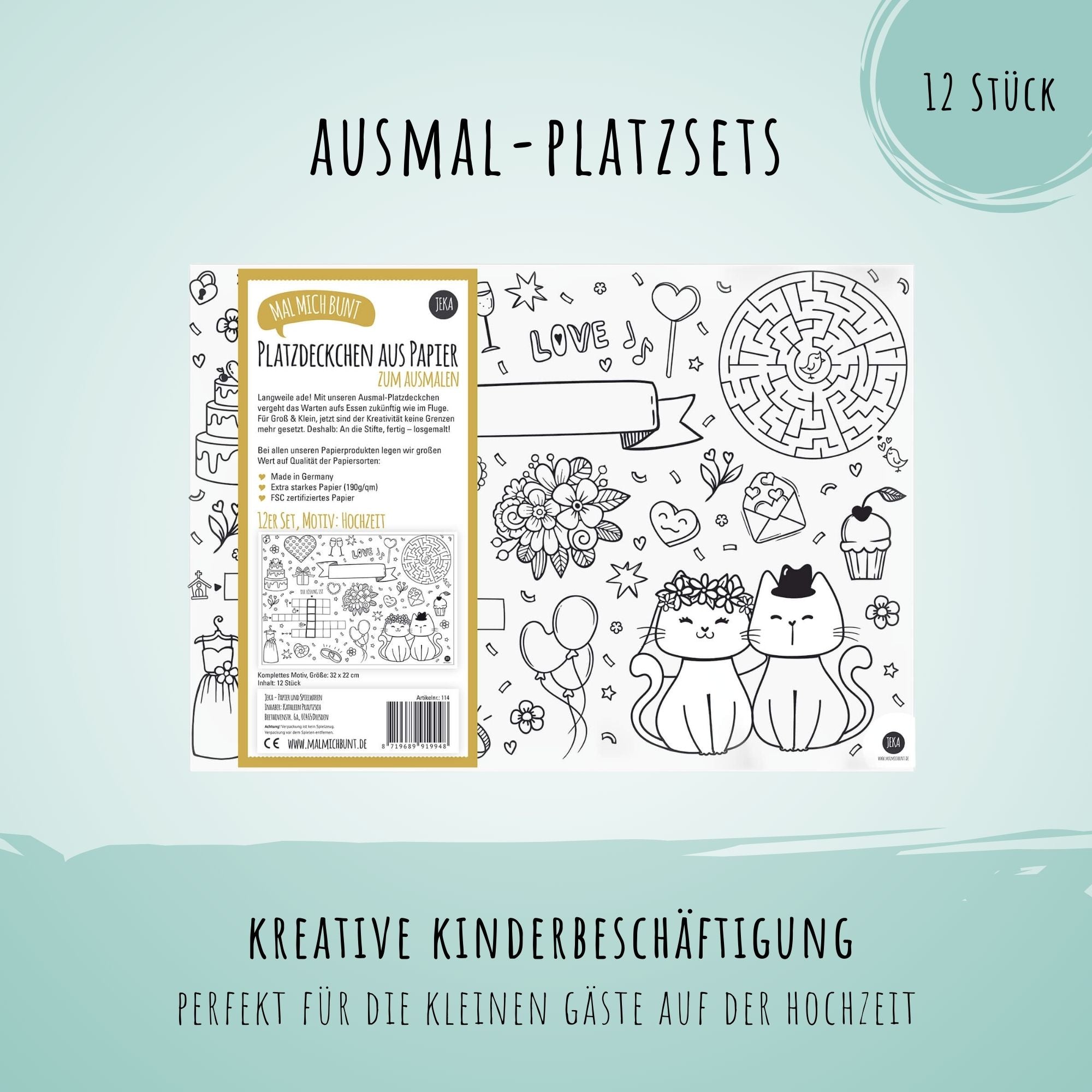 12 Platzsets Hochzeit zum Ausmalen Jeka - malmichbunt.de