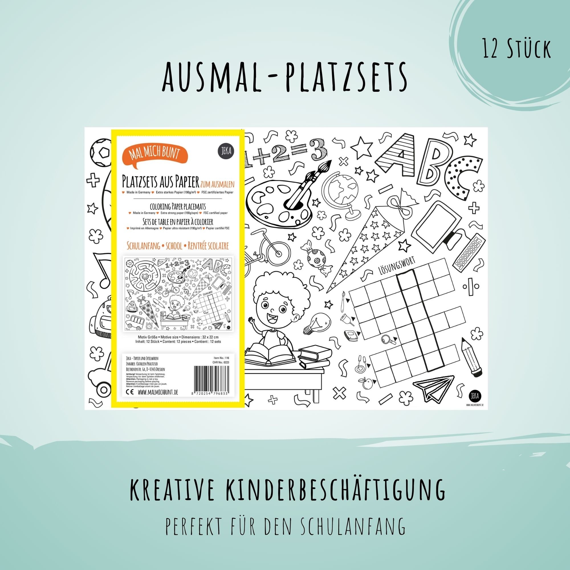12 Platzsets Schulanfang zum Ausmalen Jeka - malmichbunt.de
