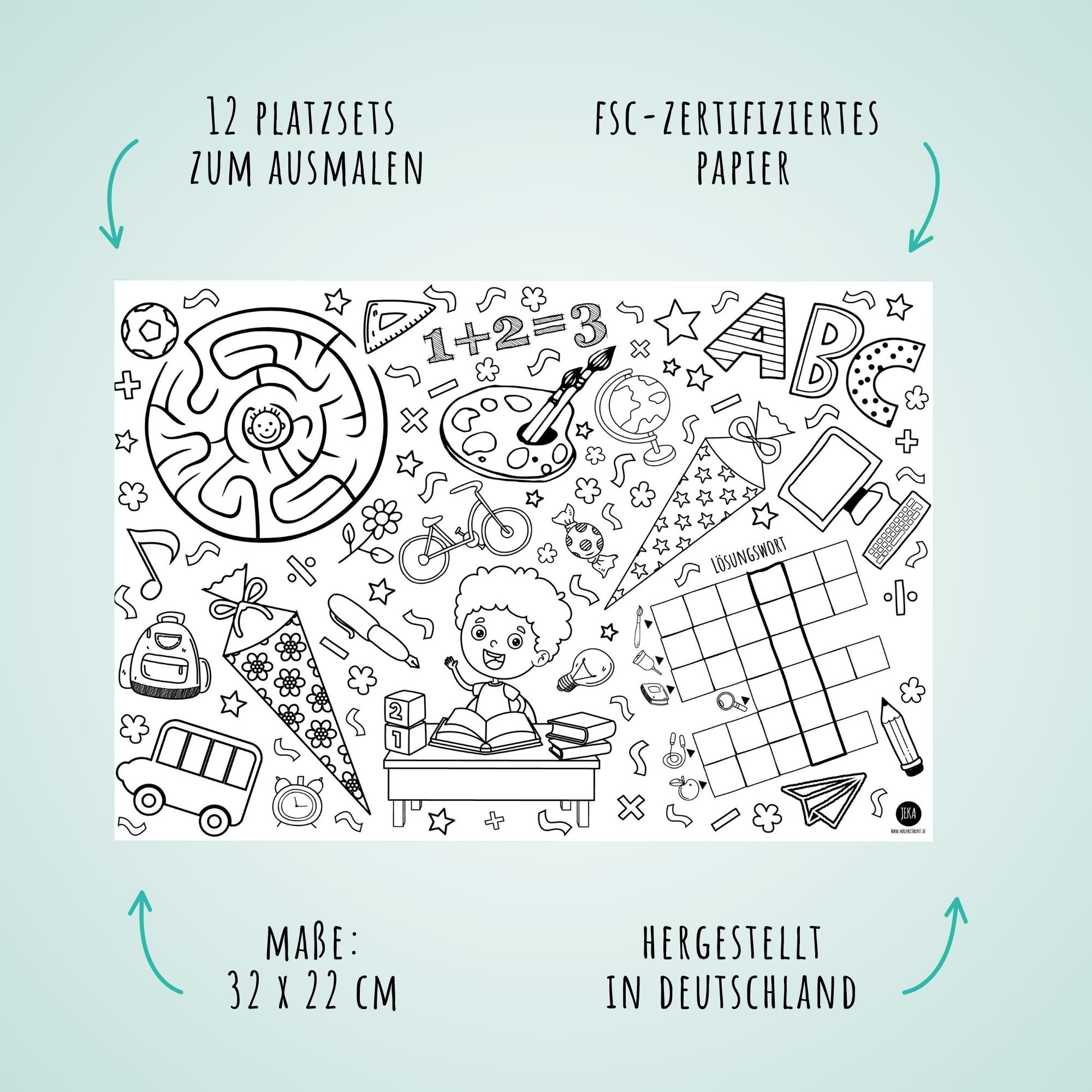 12 Platzsets Schulanfang zum Ausmalen Jeka - malmichbunt.de