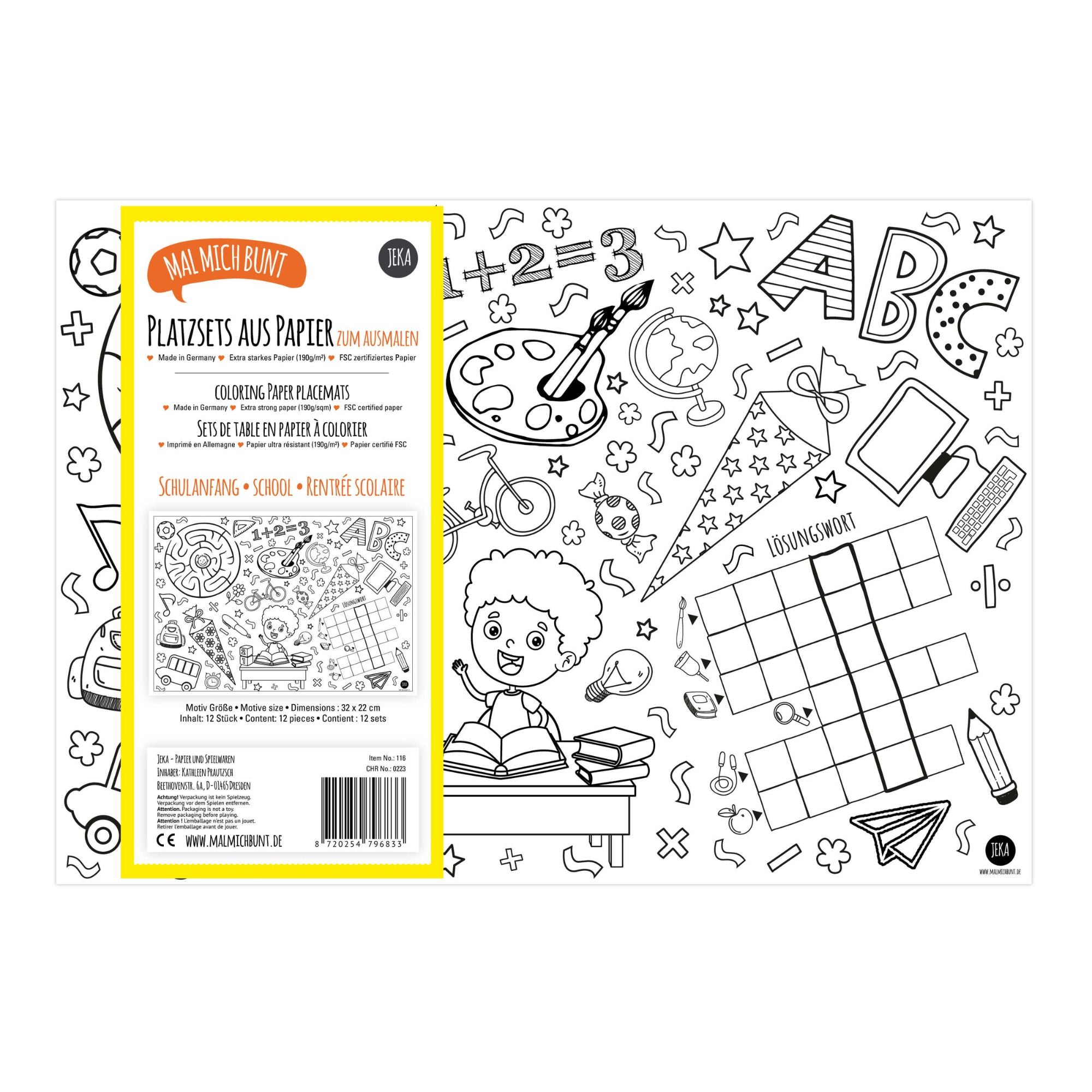 12 Platzsets Schulanfang zum Ausmalen Jeka - malmichbunt.de