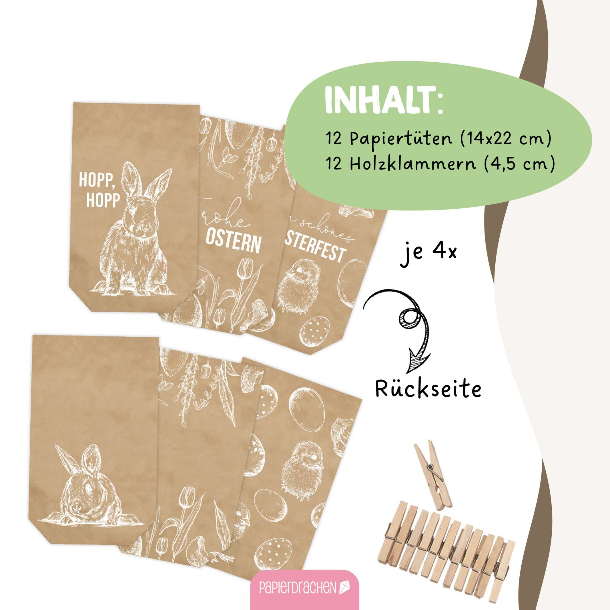 12 weiß bedruckte Geschenktüten Ostern Papierdrachen - malmichbunt.de