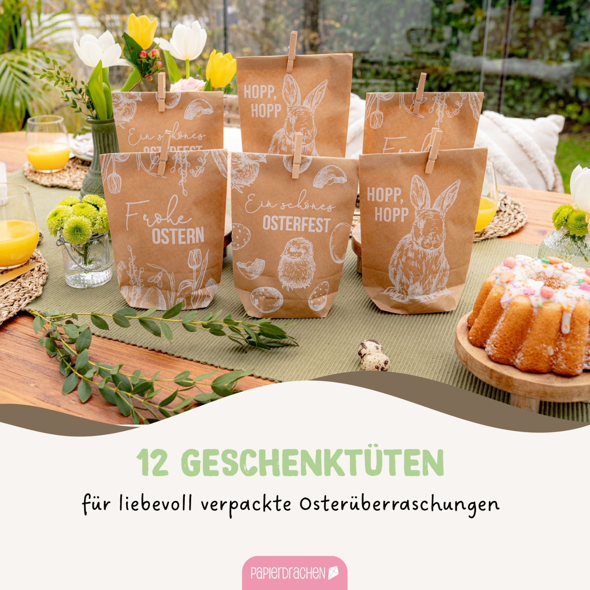 12 weiß bedruckte Geschenktüten Ostern Papierdrachen - malmichbunt.de