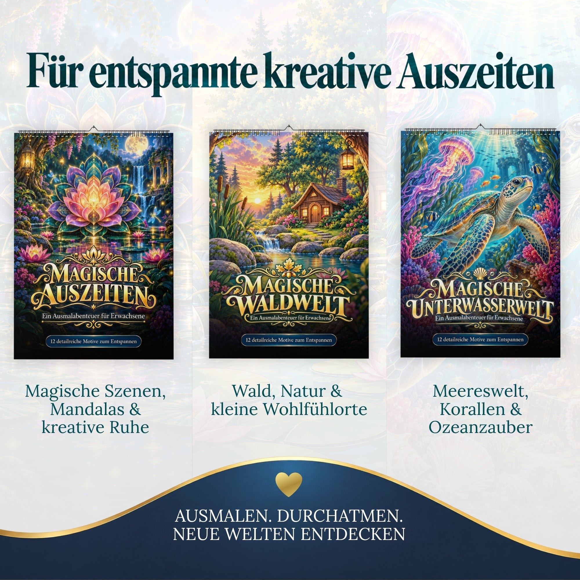 Magische Auszeiten – 3er Set Ausmalblöcke für Erwachsene