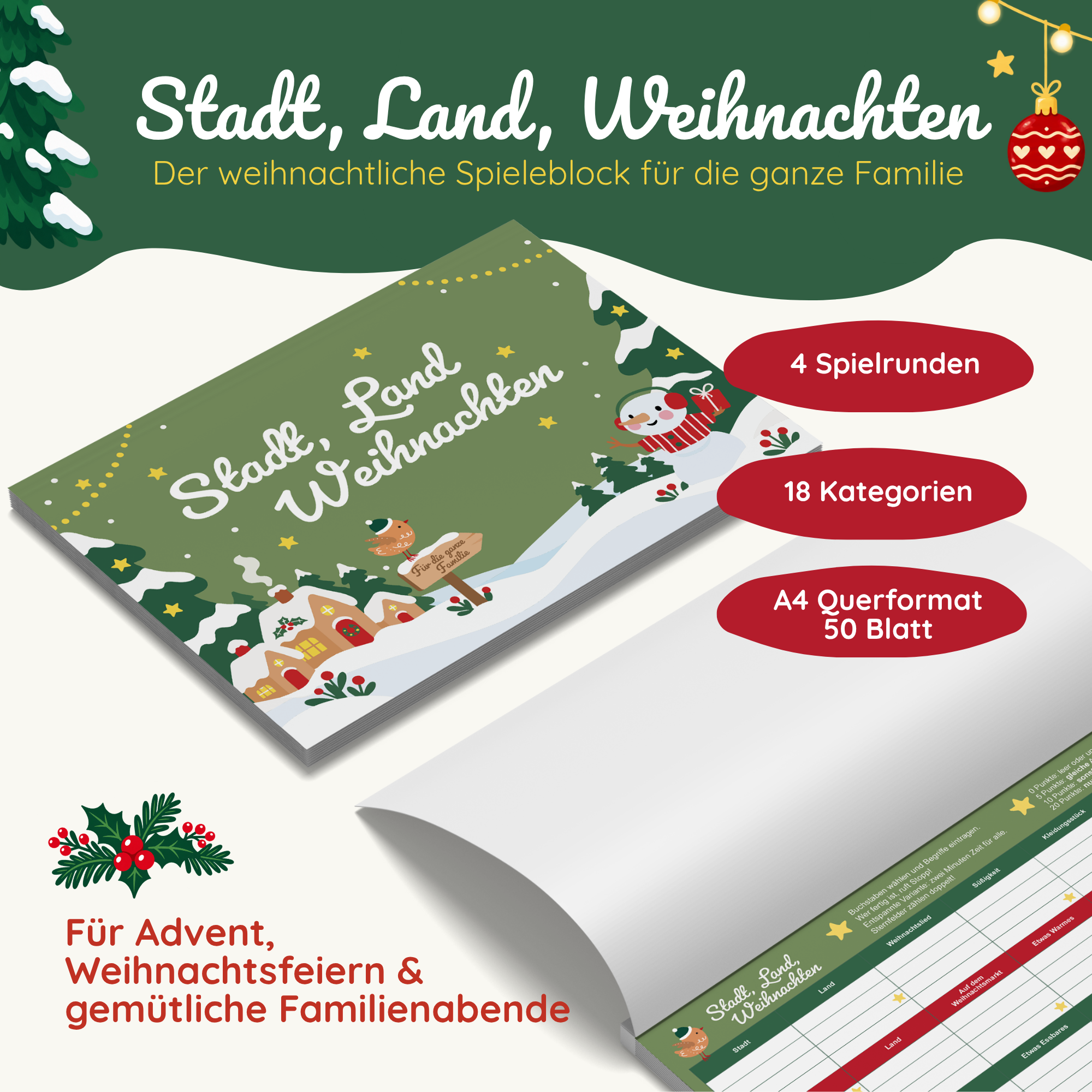Stadt, Land, Weihnachten – Weihnachtliches Stadt-Land-Fluss Spiel für die ganze Familie | A4 Spielblock
