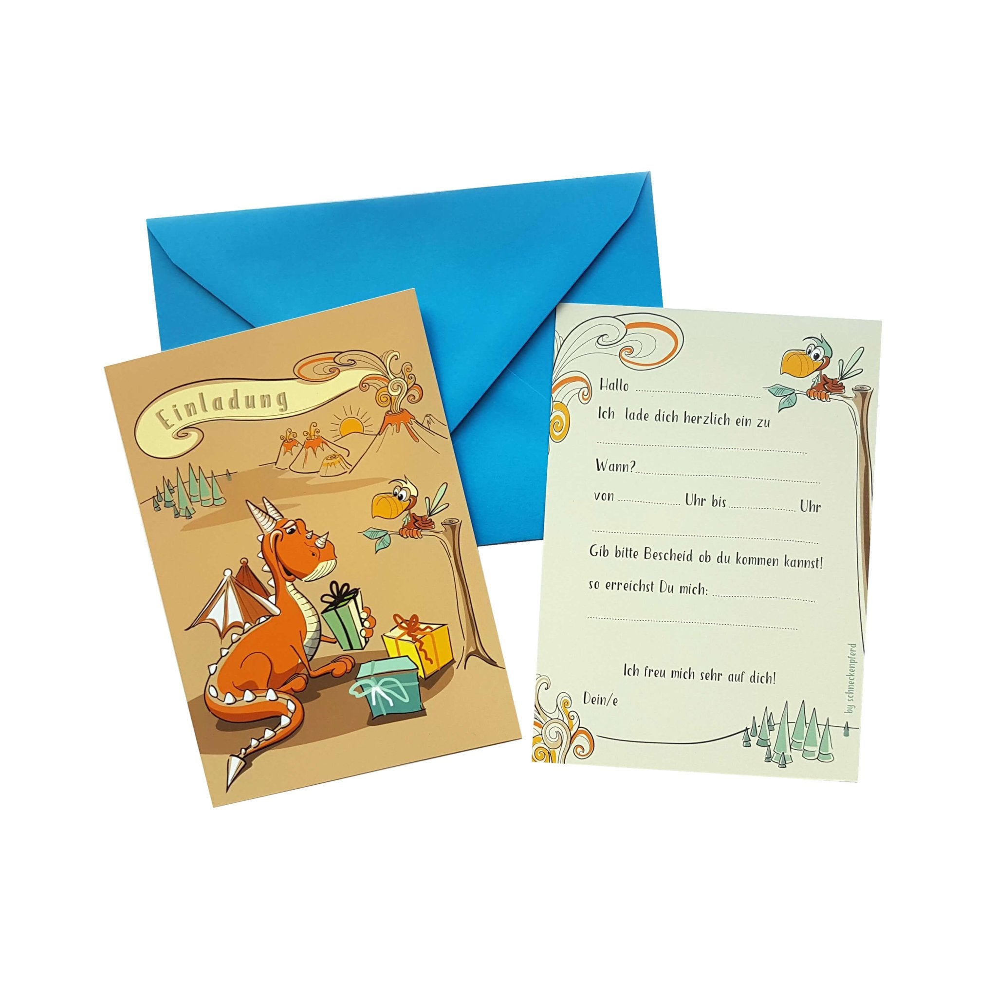 6 Einladungen "Drache" mit blauen Umschlägen Jeka - malmichbunt.de