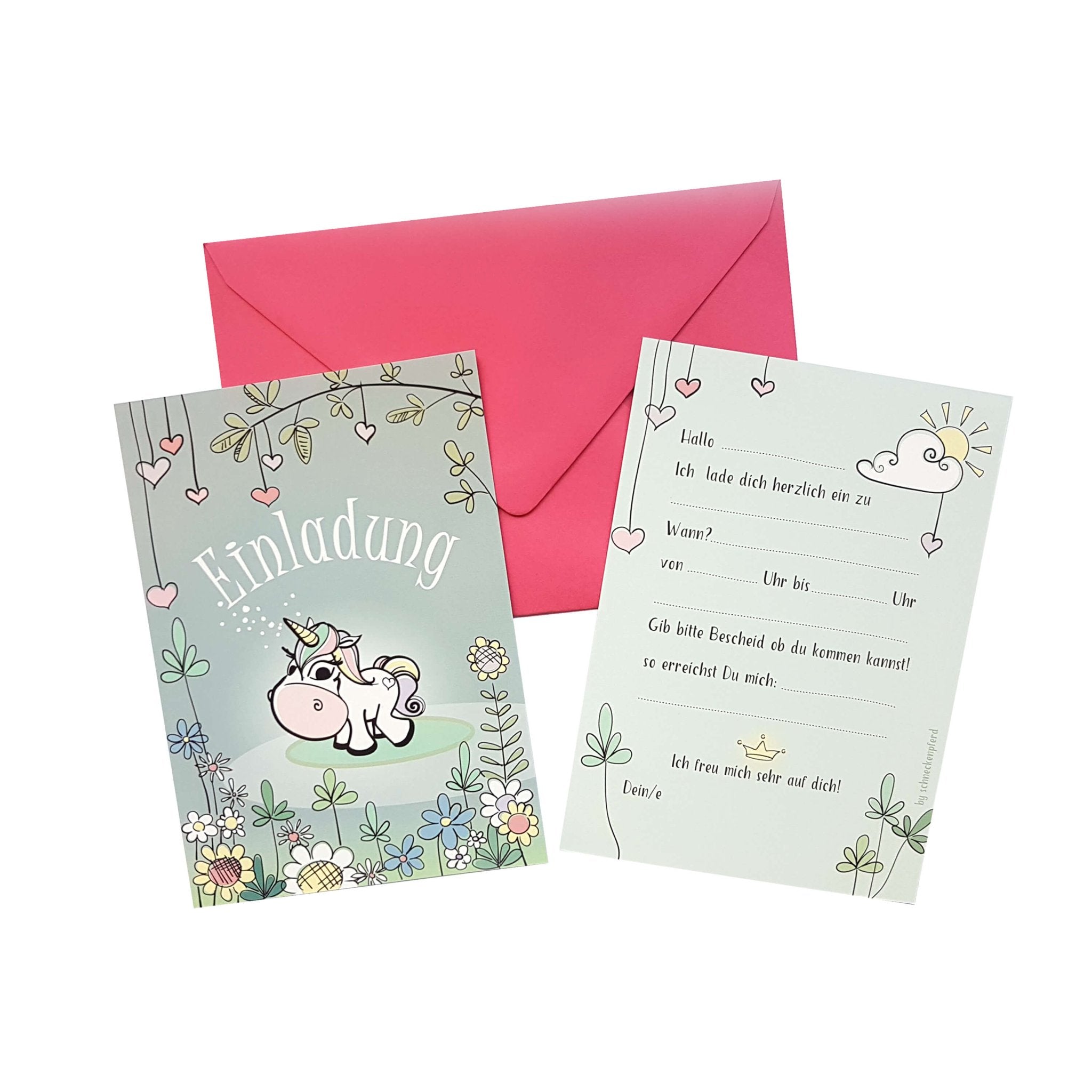 6 Einladungen "Einhorn" mit rosa Umschlägen Jeka - malmichbunt.de