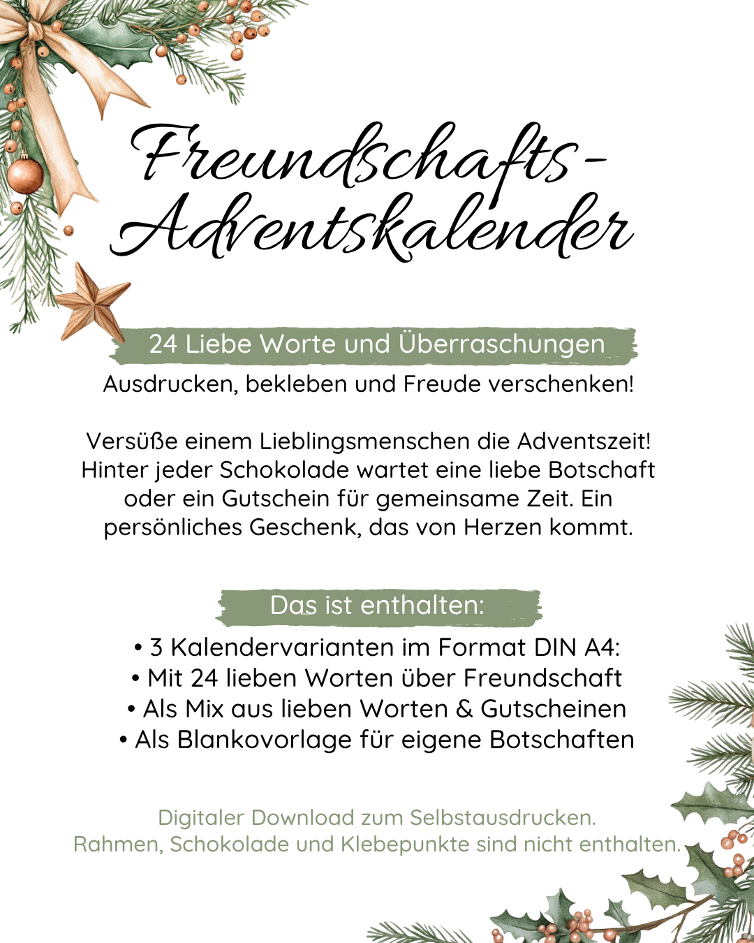 DIY Adventskalender im Bilderrahmen, 3 DIN-A4-Vorlagen für deine beste Freundin - PDF