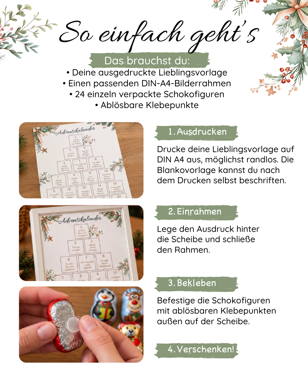 DIY Adventskalender im Bilderrahmen, 3 DIN-A4-Vorlagen für deine beste Freundin - PDF
