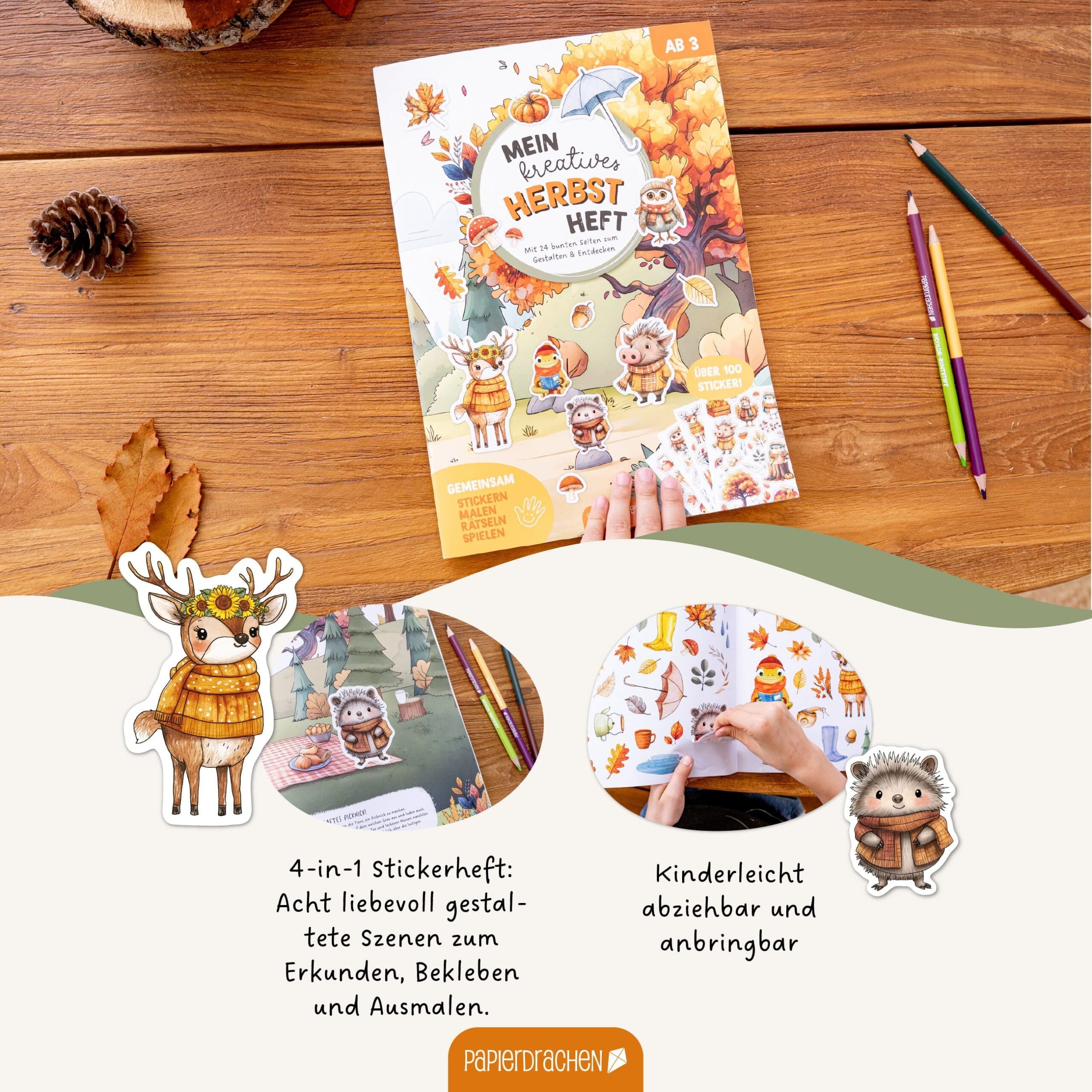 Papierdrachen Mein kreatives Herbstwelt Heft - Malen, Rätseln, Stickern