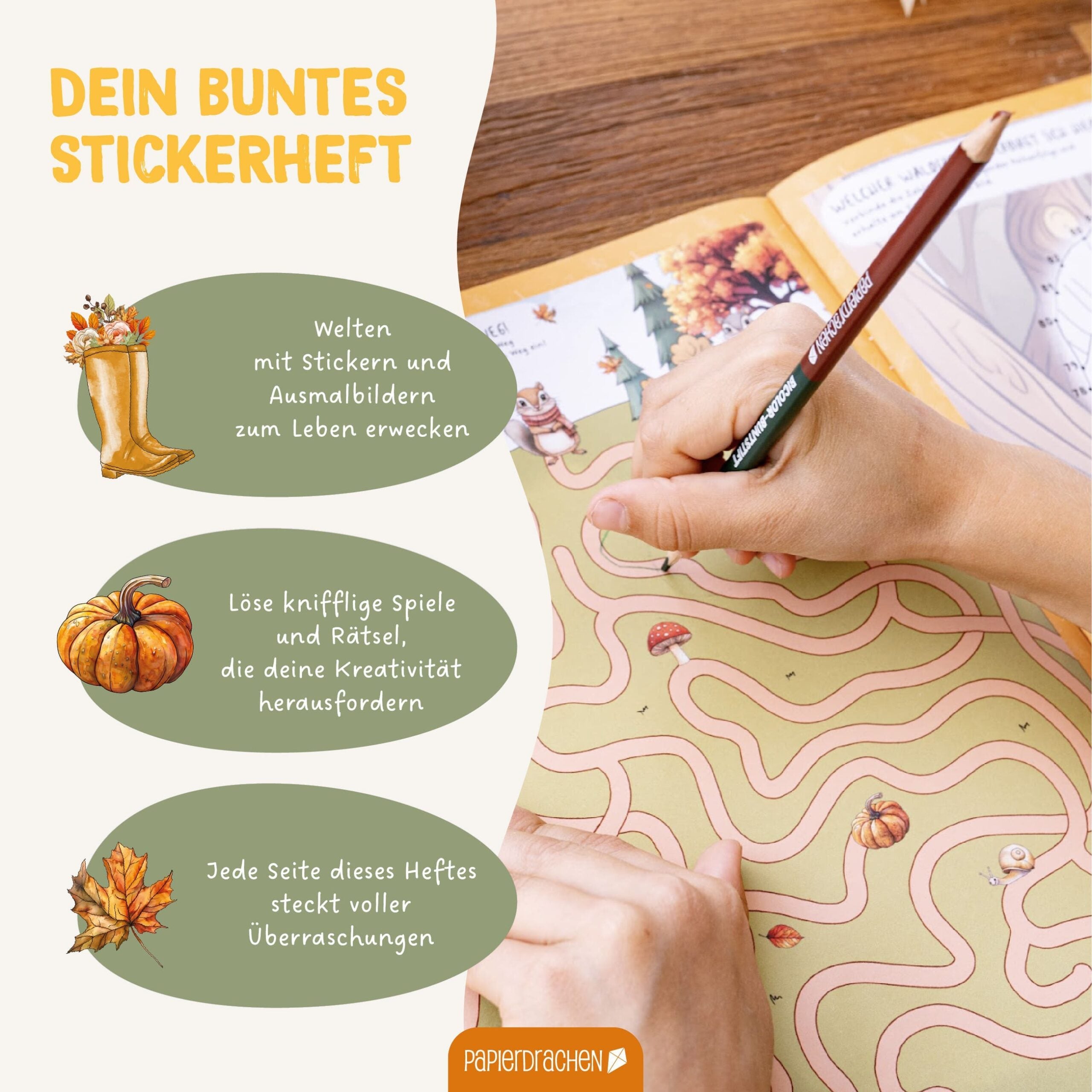 Papierdrachen Mein kreatives Herbstwelt Heft - Malen, Rätseln, Stickern