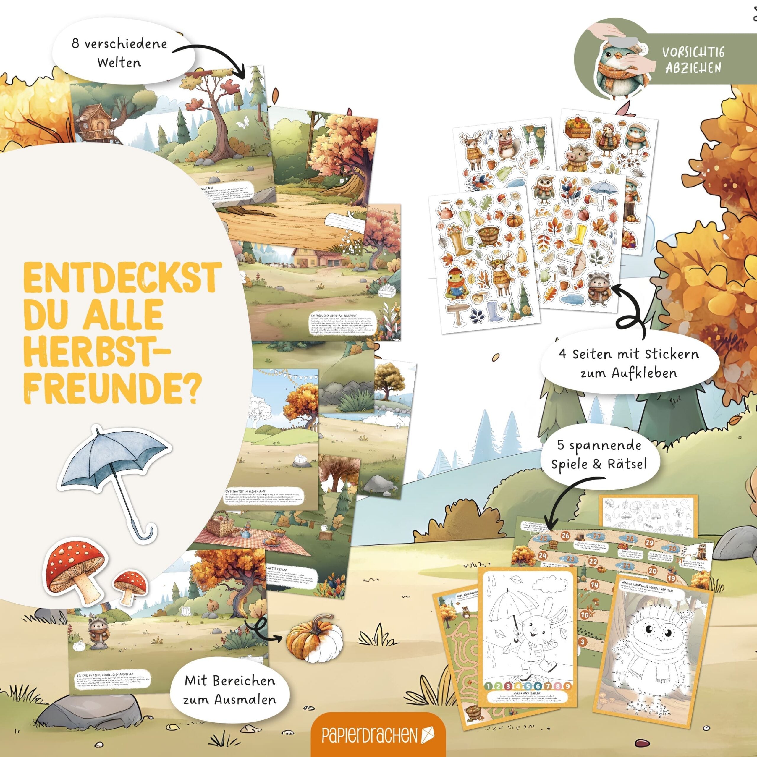 Papierdrachen Mein kreatives Herbstwelt Heft - Malen, Rätseln, Stickern