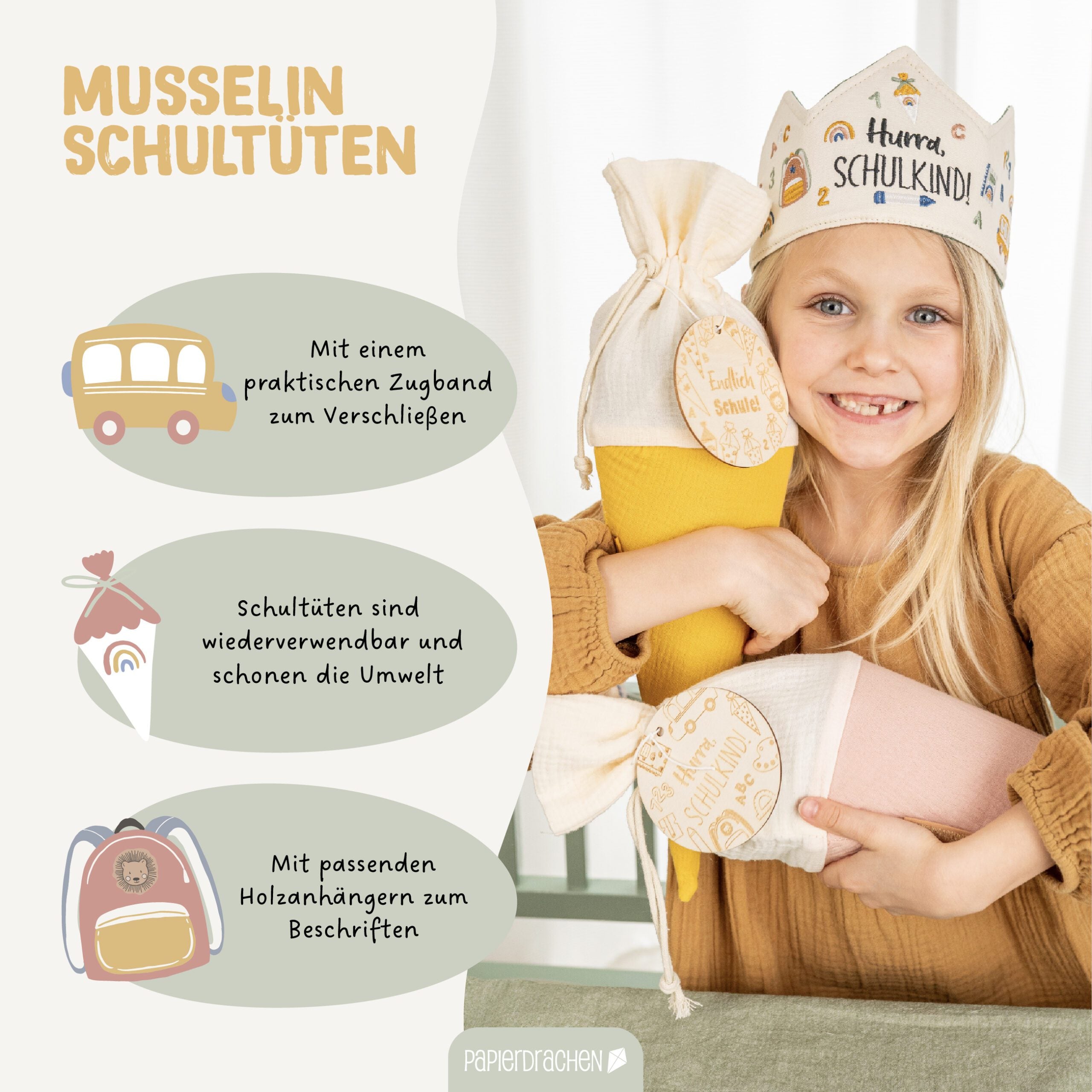 Bunte Schultüten aus Musselin - 2 Stück