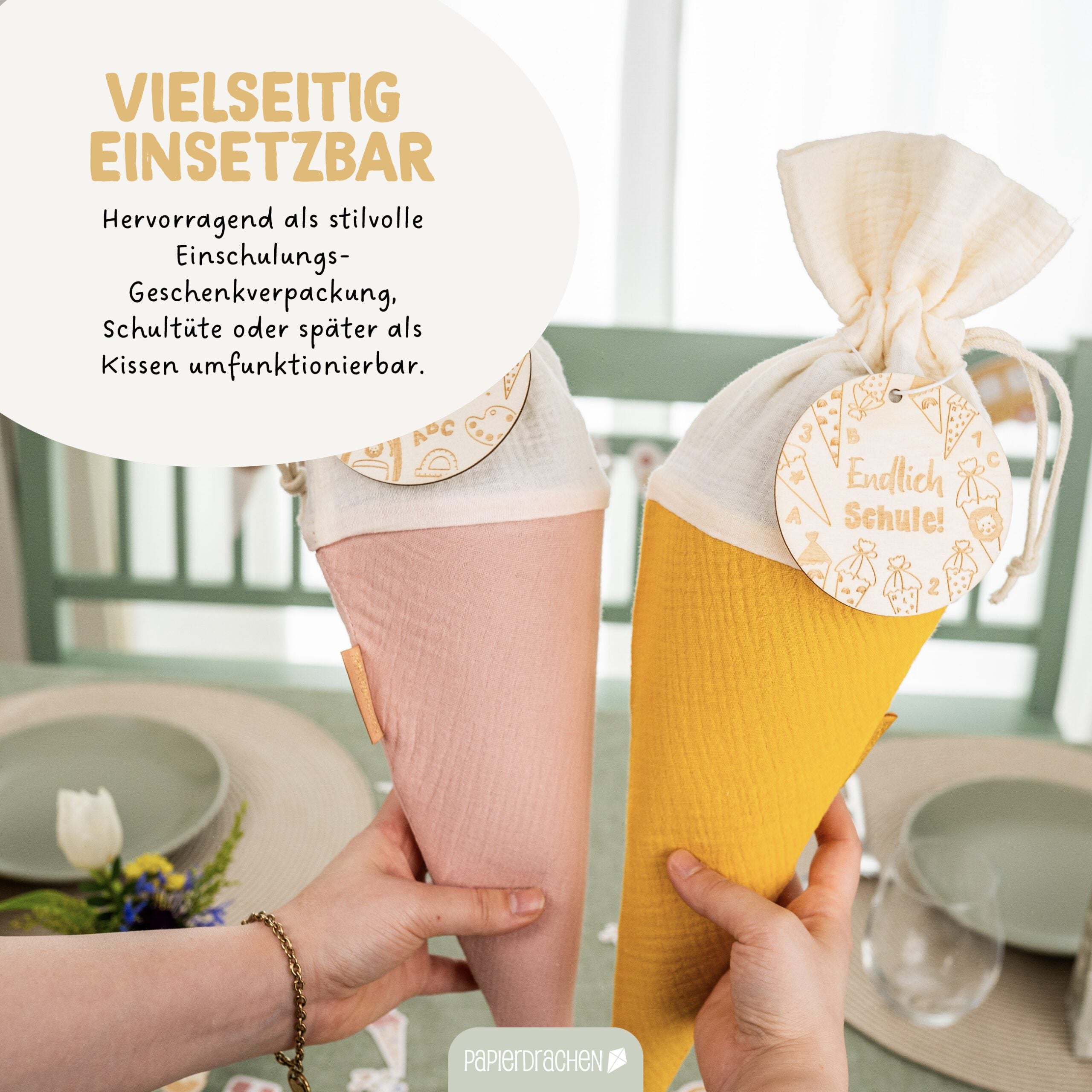 Bunte Schultüten aus Musselin - 2 Stück