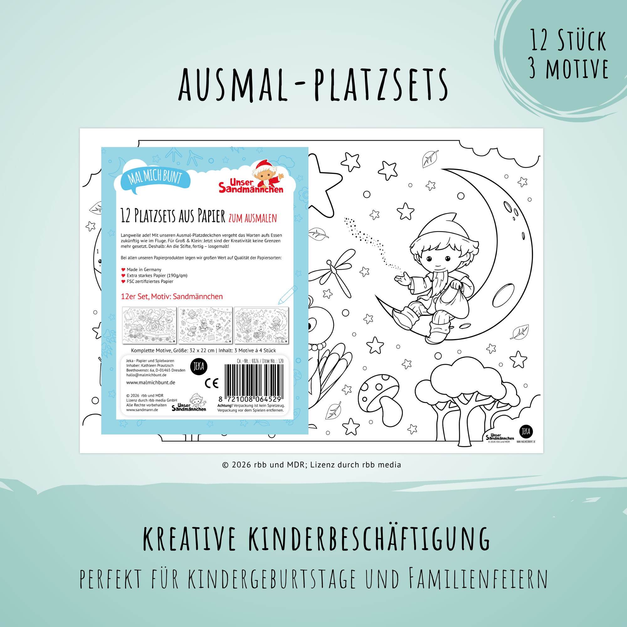 Unser Sandmännchen - 12 Platzsets aus Papier zum Ausmalen