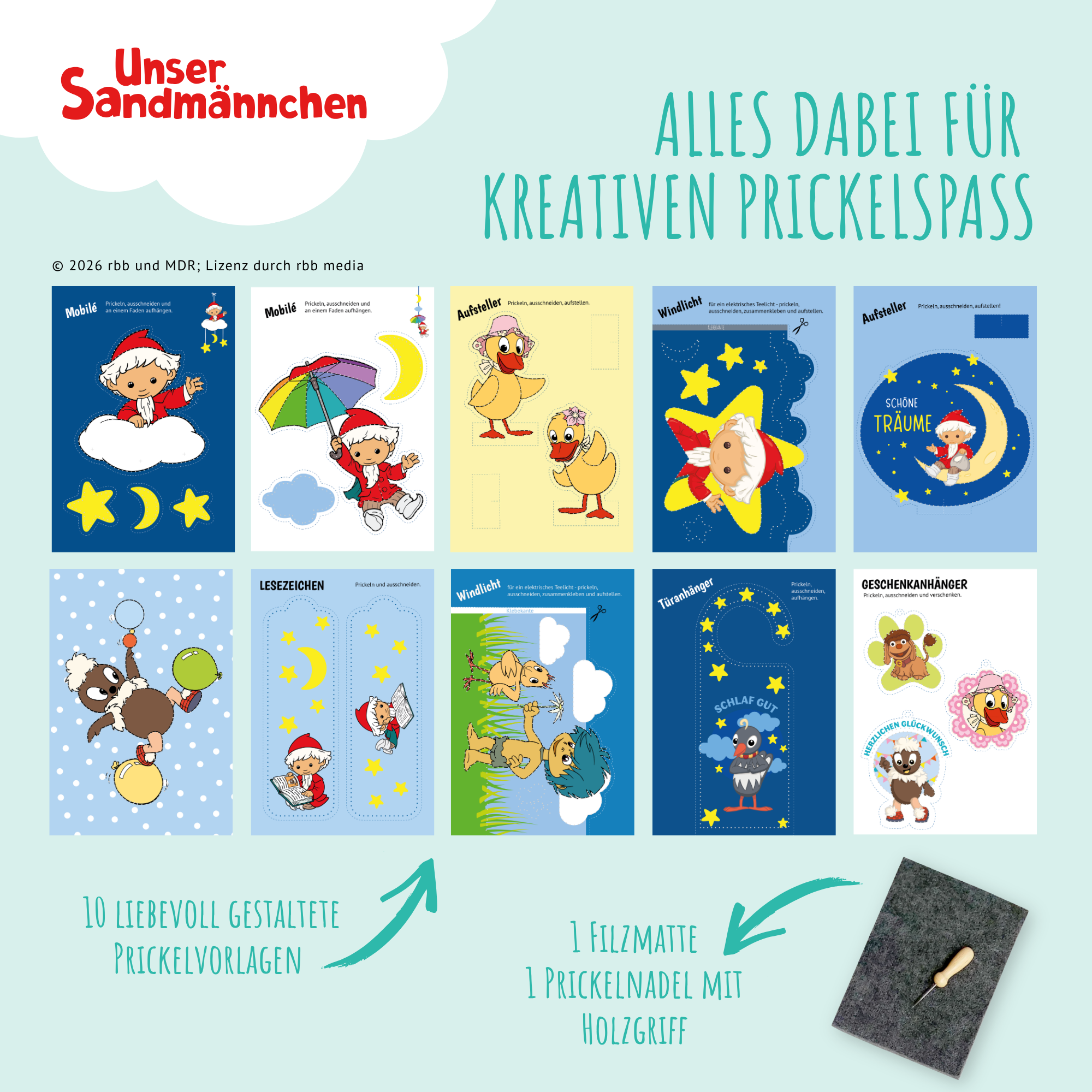 Unser Sandmännchen - Prickelset inkl. 10 Vorlagen, Filz & Nadel