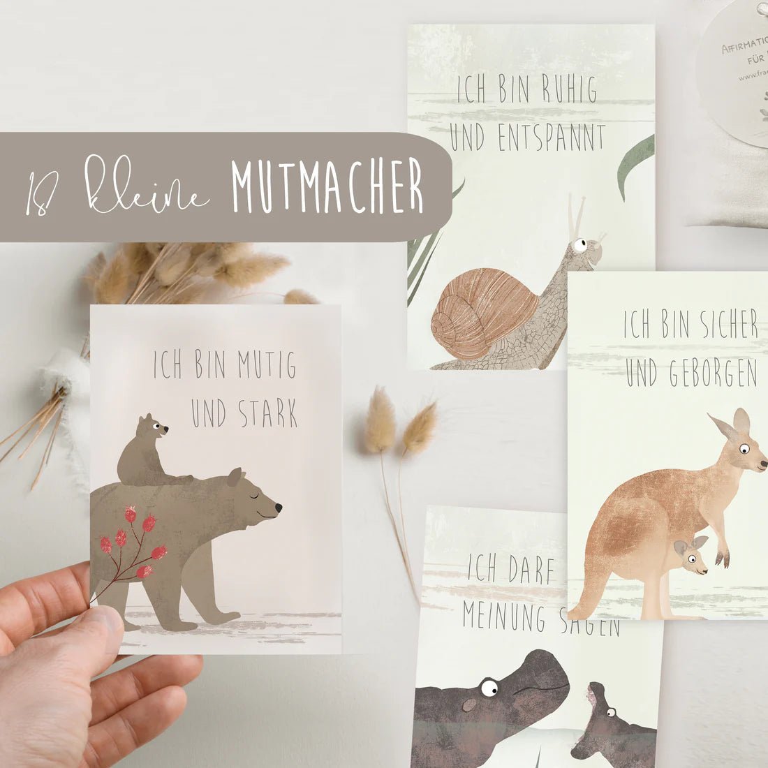 Affirmationskarten für Kinder - 18 Karten im Baumwollsäckchen Fräulein Elvira - malmichbunt.de