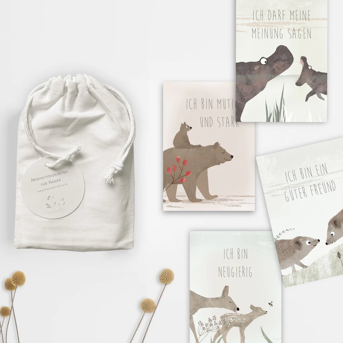 Affirmationskarten für Kinder - 18 Karten im Baumwollsäckchen Fräulein Elvira - malmichbunt.de