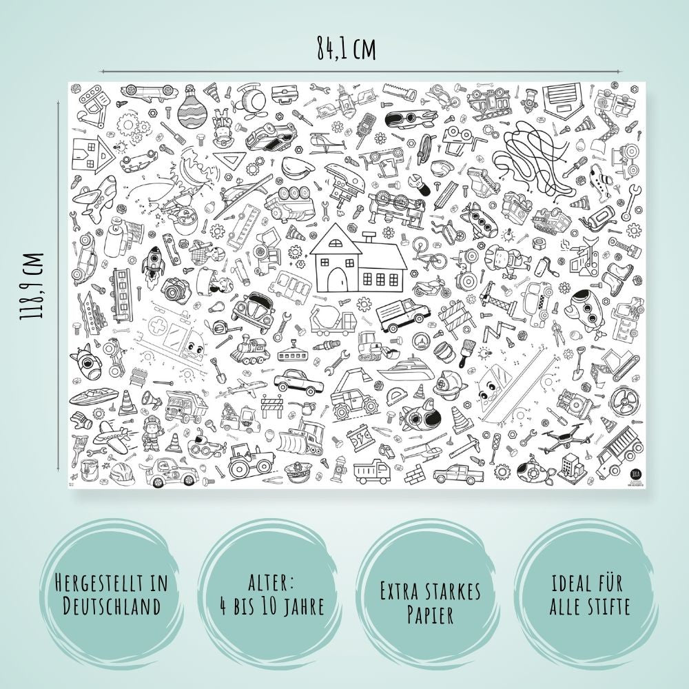 Ausmal - Tischdecke aus Papier "Fahrzeuge & Baustelle" Jeka - malmichbunt.de