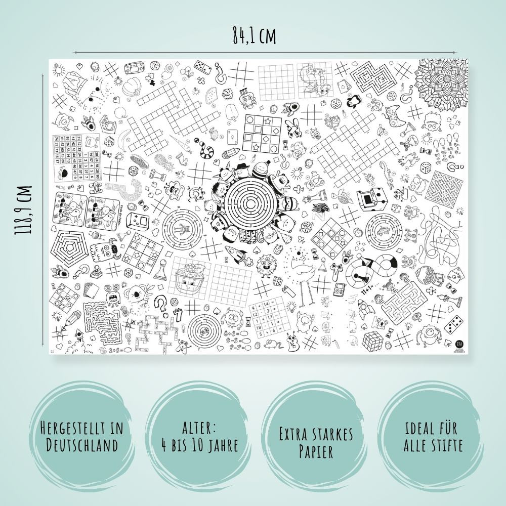Ausmal - Tischdecke aus Papier "Rätsel & Spiele" Jeka - malmichbunt.de