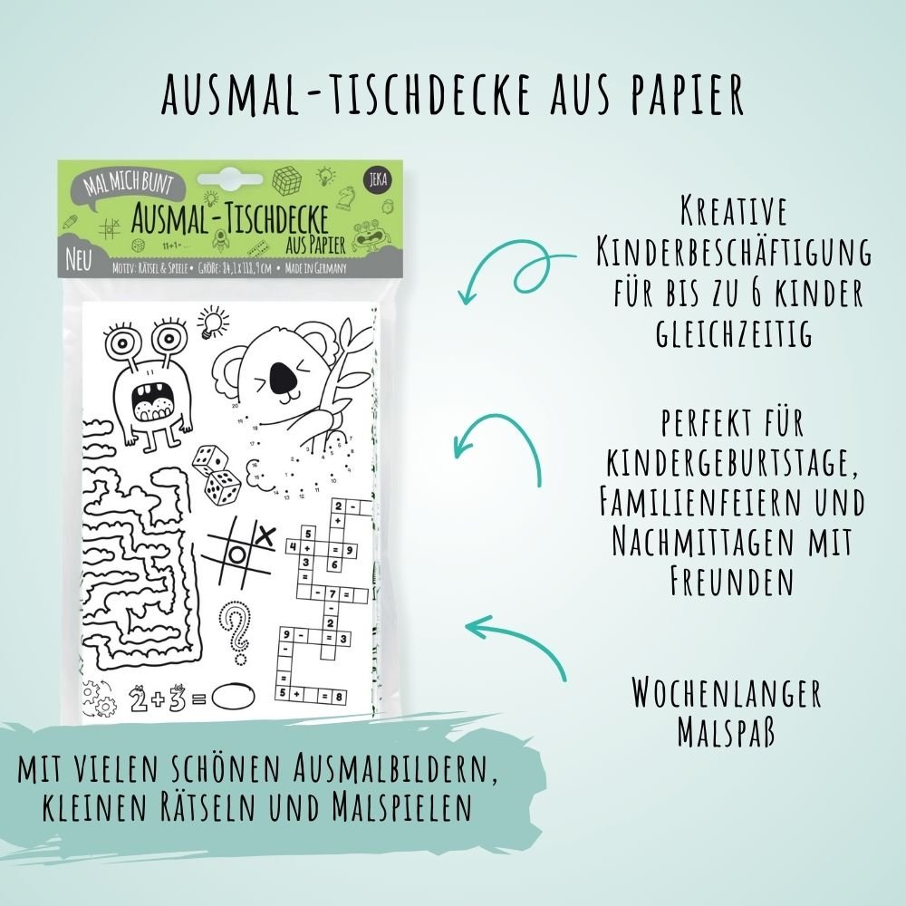 Ausmal - Tischdecke aus Papier "Rätsel & Spiele" Jeka - malmichbunt.de