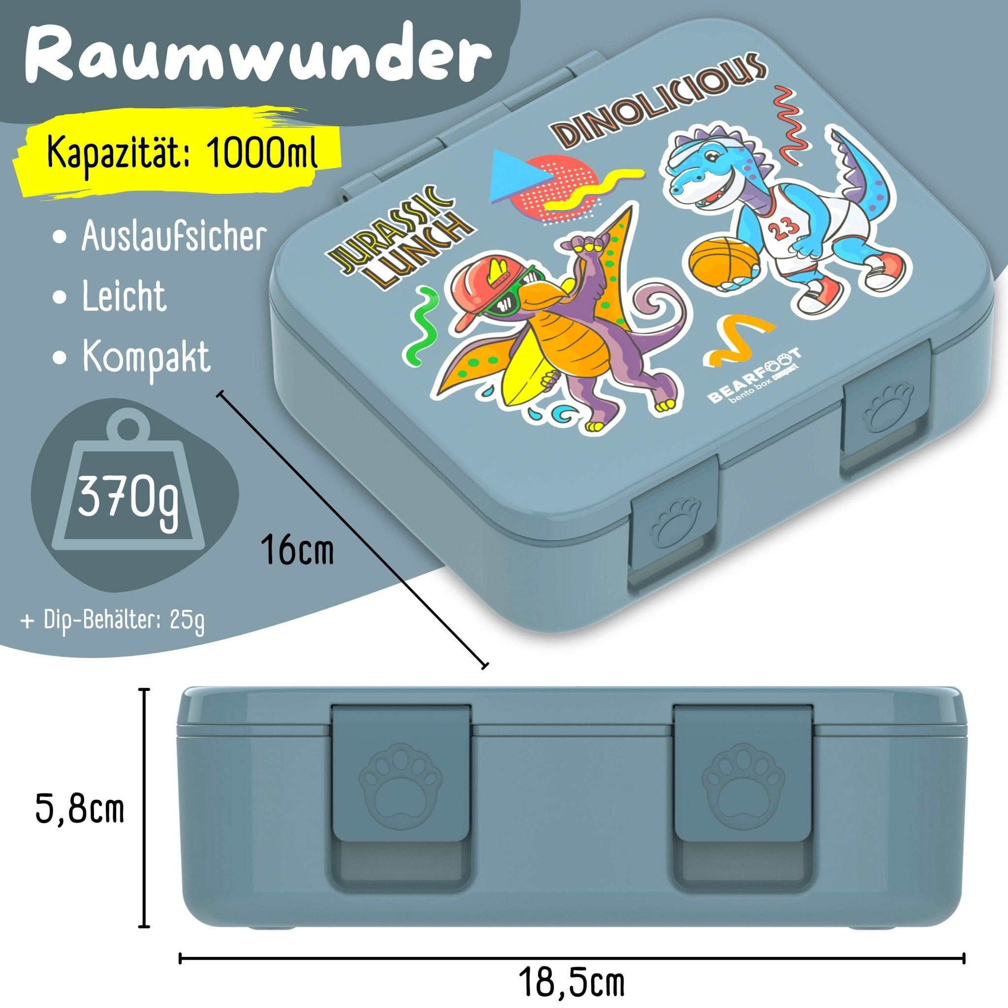 Bearfoot Bentobox Compact - Dinos blau - 1.000ml BEARFOOT - malmichbunt.de