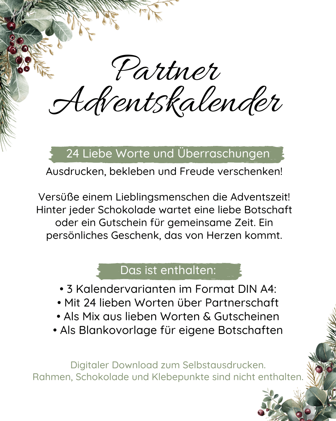 DIY Adventskalender im Bilderrahmen zum Ausdrucken für Partner/in- 3 DIN-A4-Vorlagen Jeka - malmichbunt.de