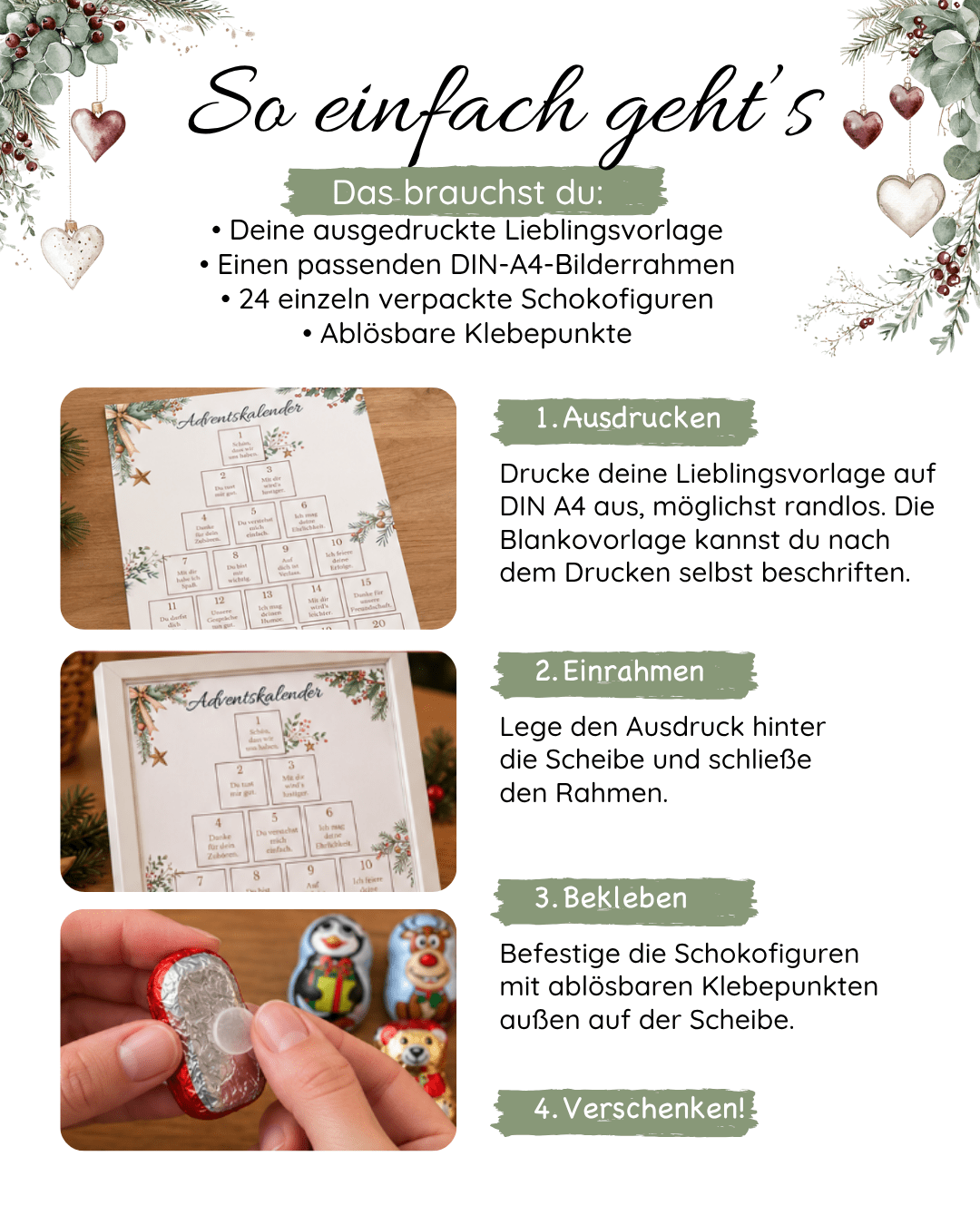 DIY Adventskalender im Bilderrahmen zum Ausdrucken für Partner/in- 3 DIN-A4-Vorlagen Jeka - malmichbunt.de
