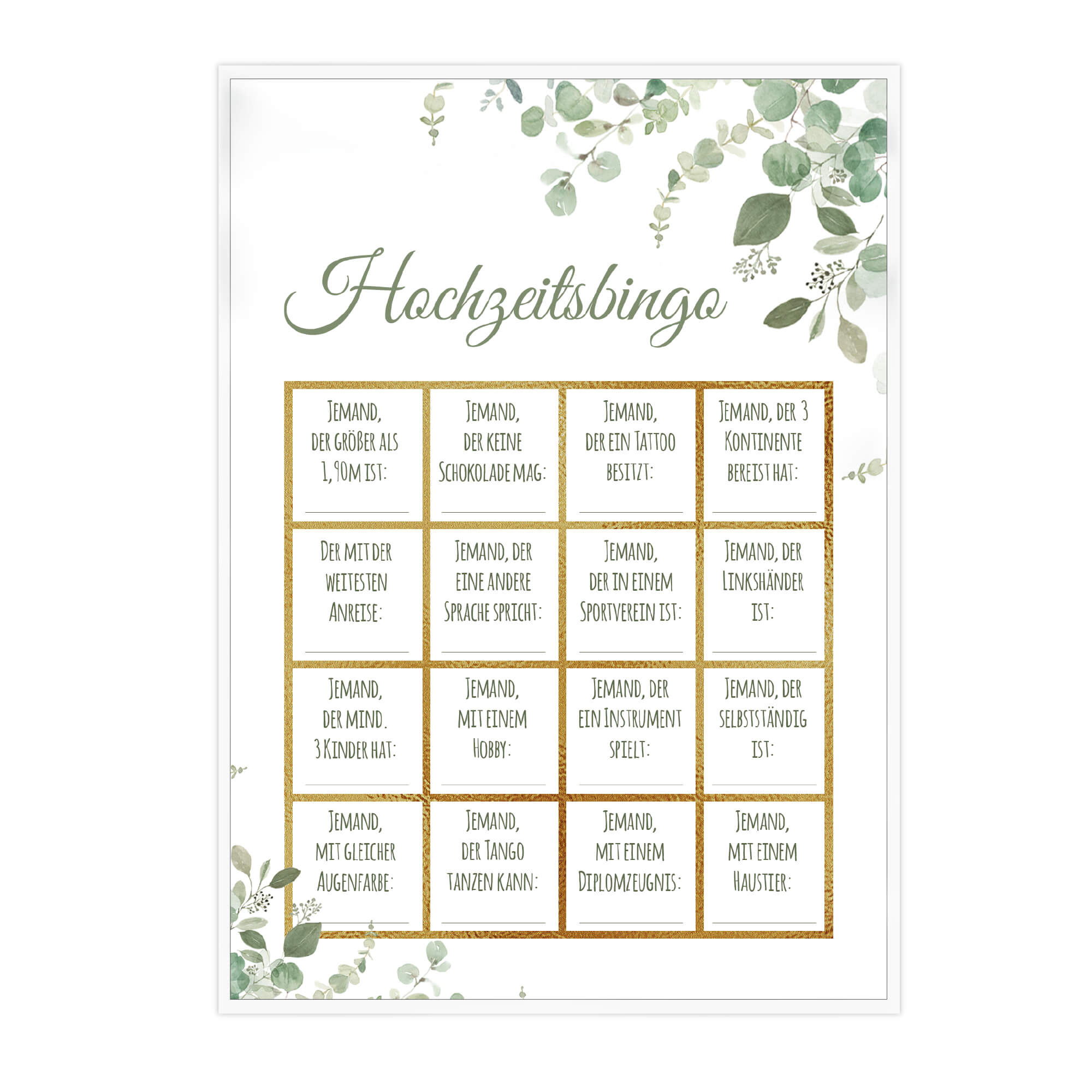 Hochzeitsbingo - Design Grün - Gold Jeka - malmichbunt.de
