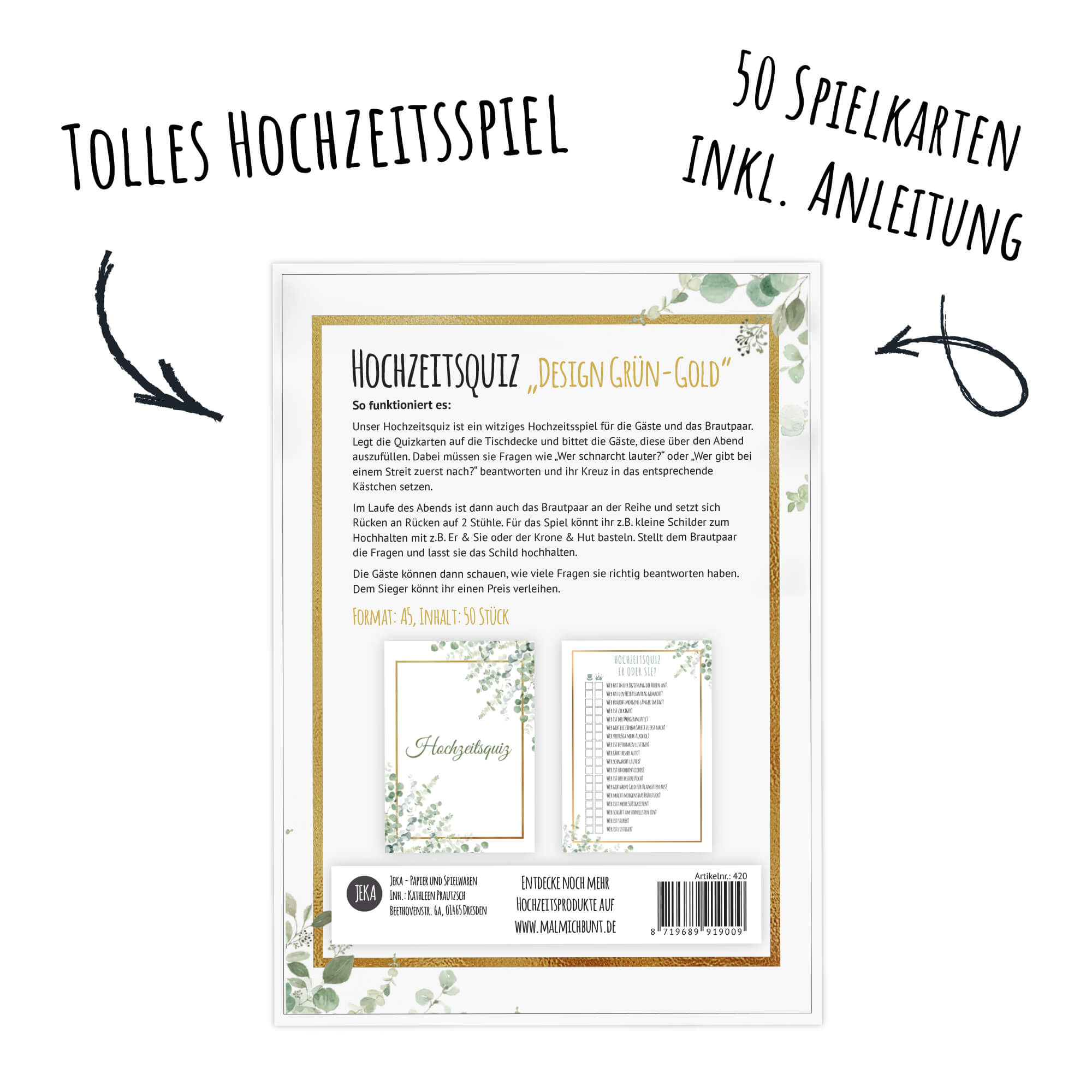 Hochzeitsquiz - Design Grün - Gold Jeka - malmichbunt.de