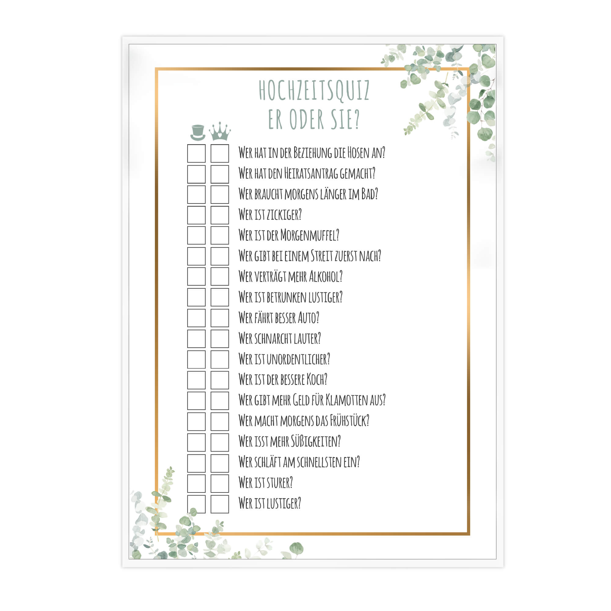 Hochzeitsquiz - Design Grün - Gold Jeka - malmichbunt.de