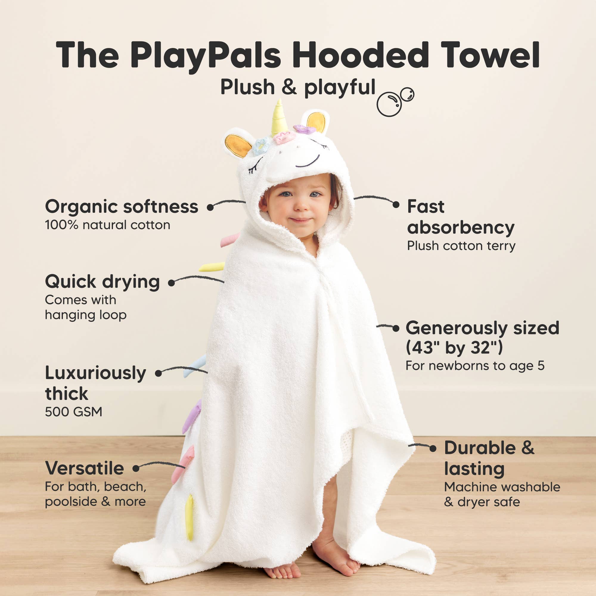 KeaBabies PlayPals Kapuzenhandtuch für Babys: Einhorn KeaBabies - malmichbunt.de