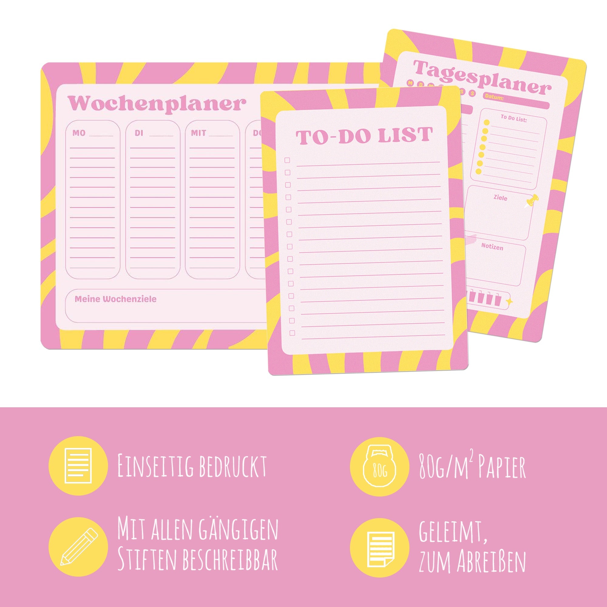 Notizblöcke Set To - Do - List, Tagesplaner & Wochenplaner Pink/Gelb Jeka - malmichbunt.de
