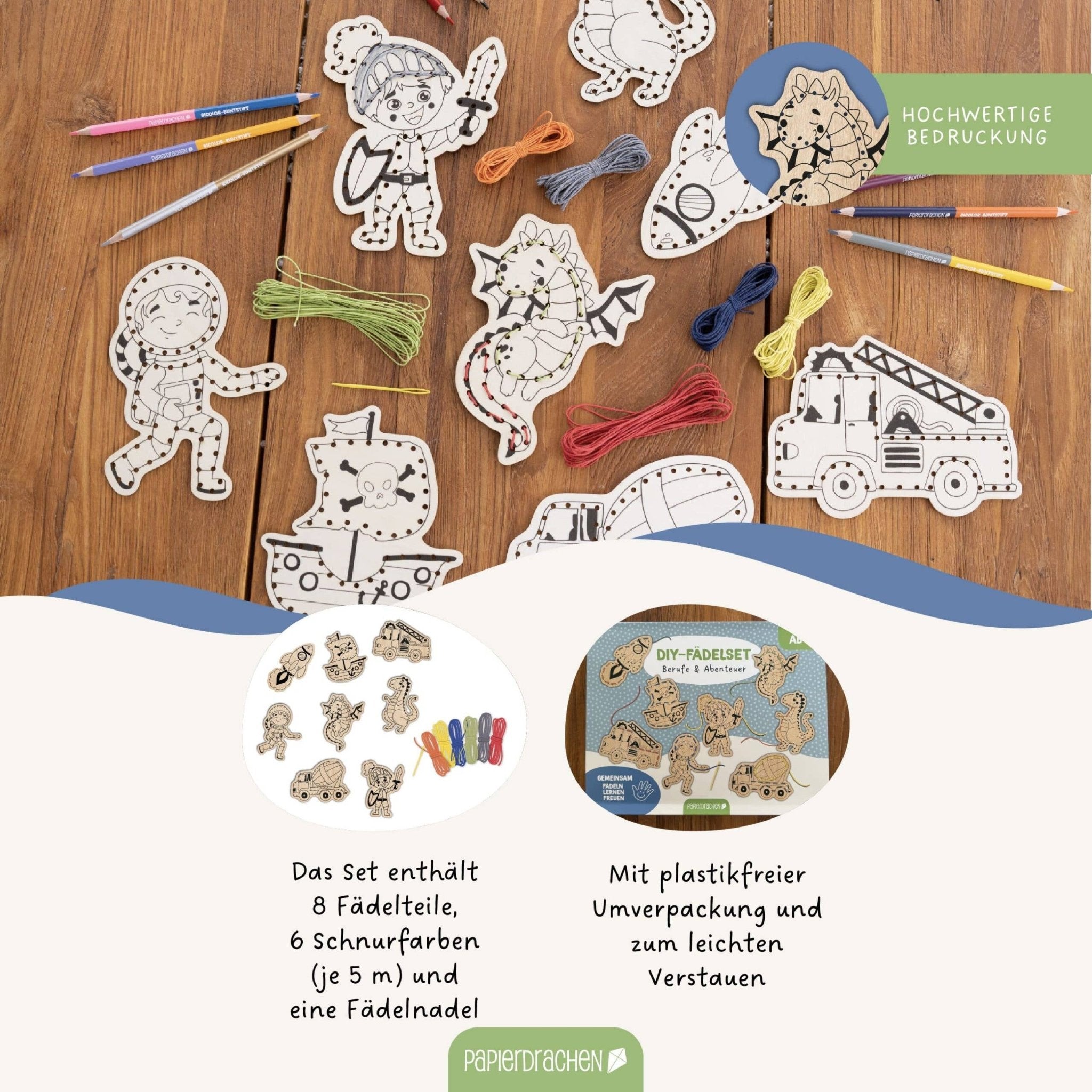 Papierdrachen DIY Fädelset aus Holz - Berufe & Abenteuer Papierdrachen - malmichbunt.de