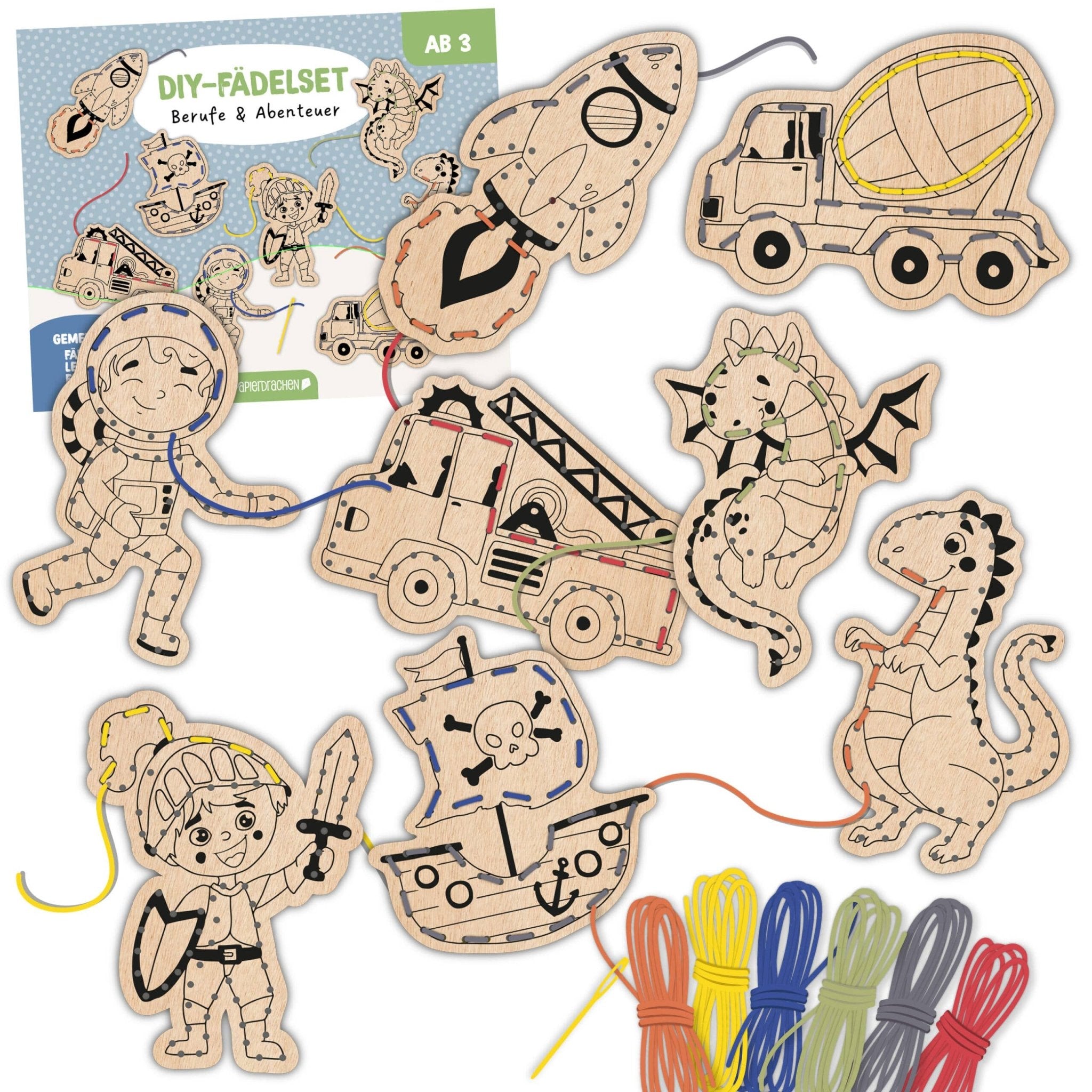 Papierdrachen DIY Fädelset aus Holz - Berufe & Abenteuer Papierdrachen - malmichbunt.de