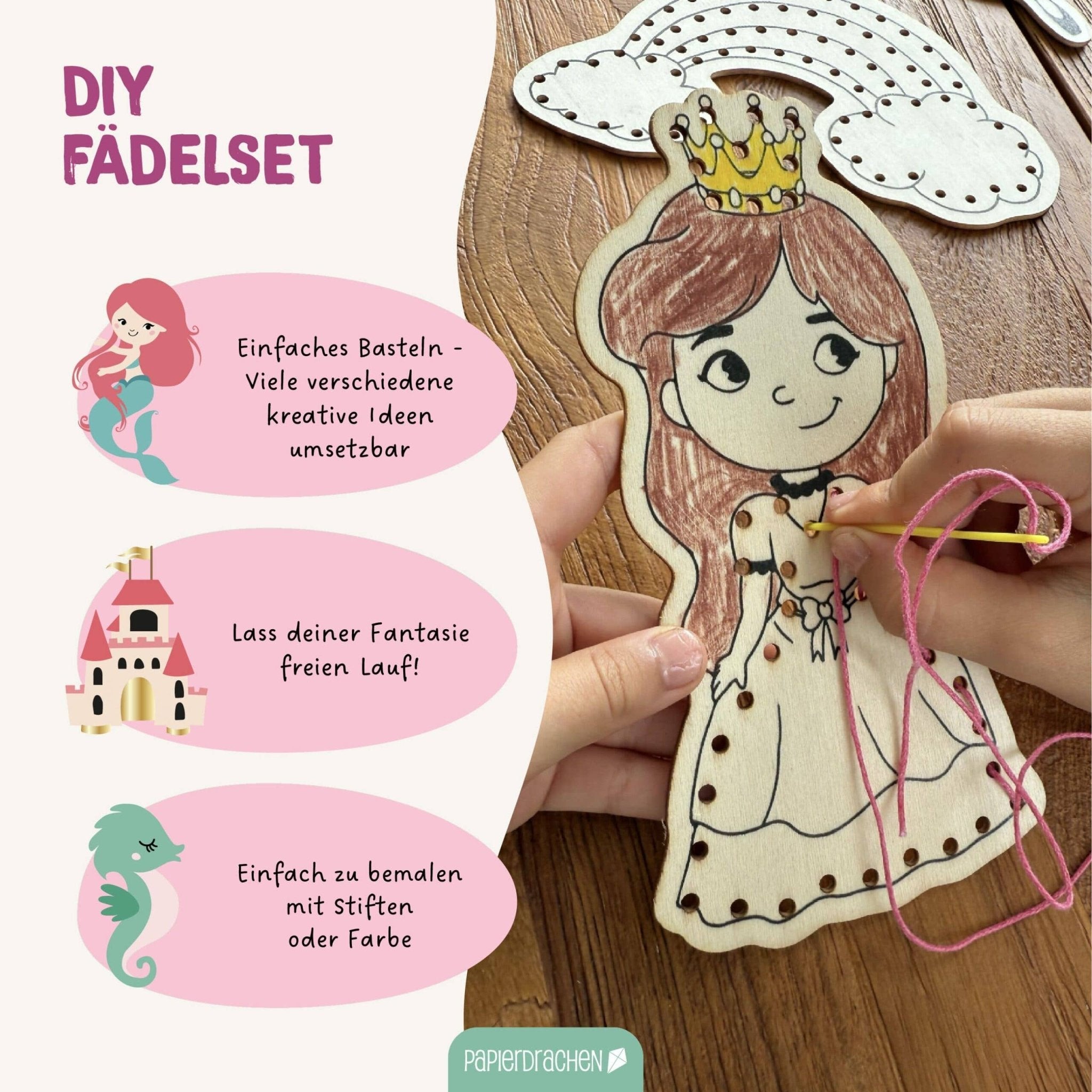 Papierdrachen DIY Fädelset aus Holz - Märchen & Traumwelten Papierdrachen - malmichbunt.de