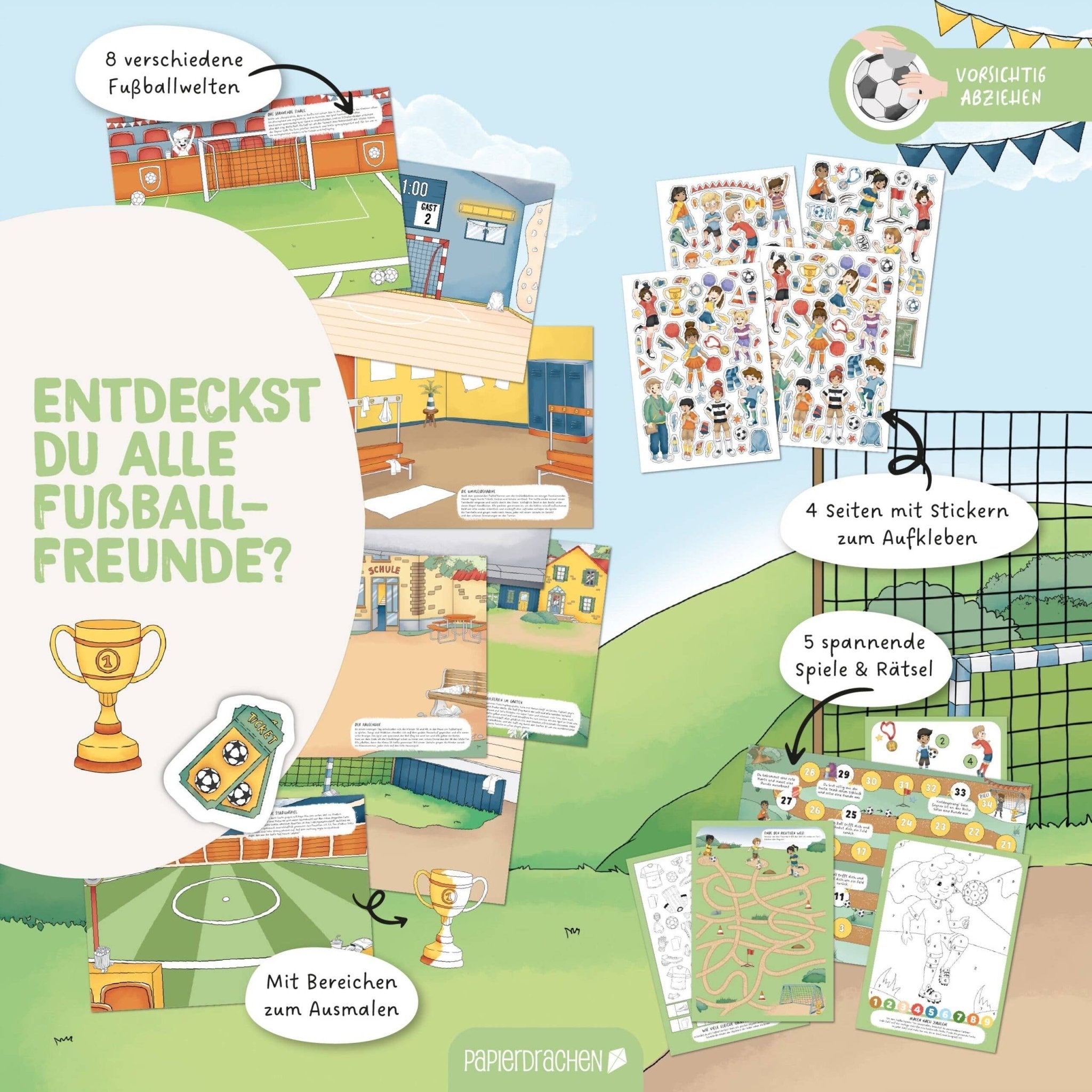 Papierdrachen Mein kreatives Fußballwelt Heft - Malen, Rätseln, Stickern Papierdrachen - malmichbunt.de