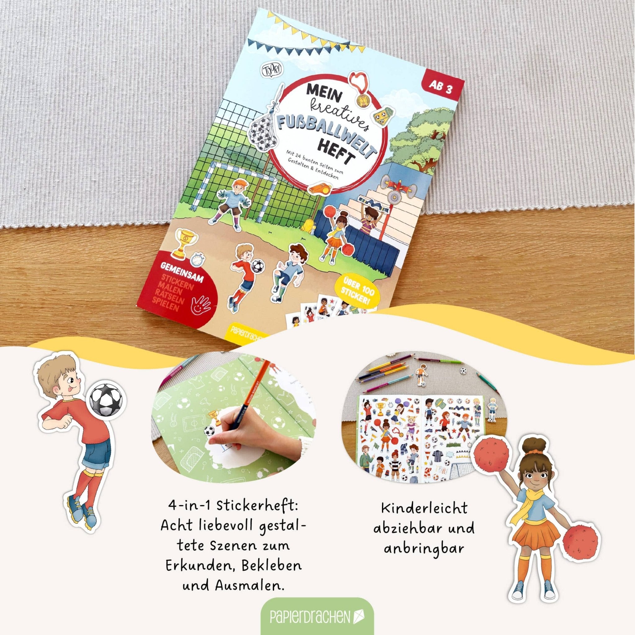 Papierdrachen Mein kreatives Fußballwelt Heft - Malen, Rätseln, Stickern Papierdrachen - malmichbunt.de