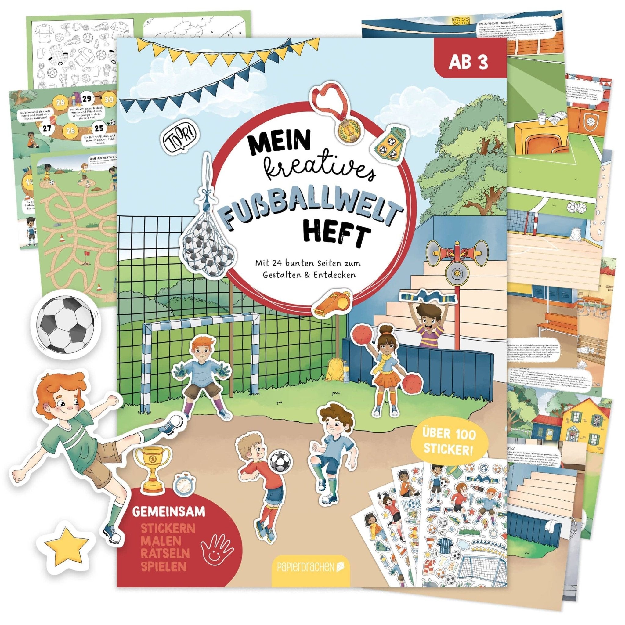Papierdrachen Mein kreatives Fußballwelt Heft - Malen, Rätseln, Stickern Papierdrachen - malmichbunt.de