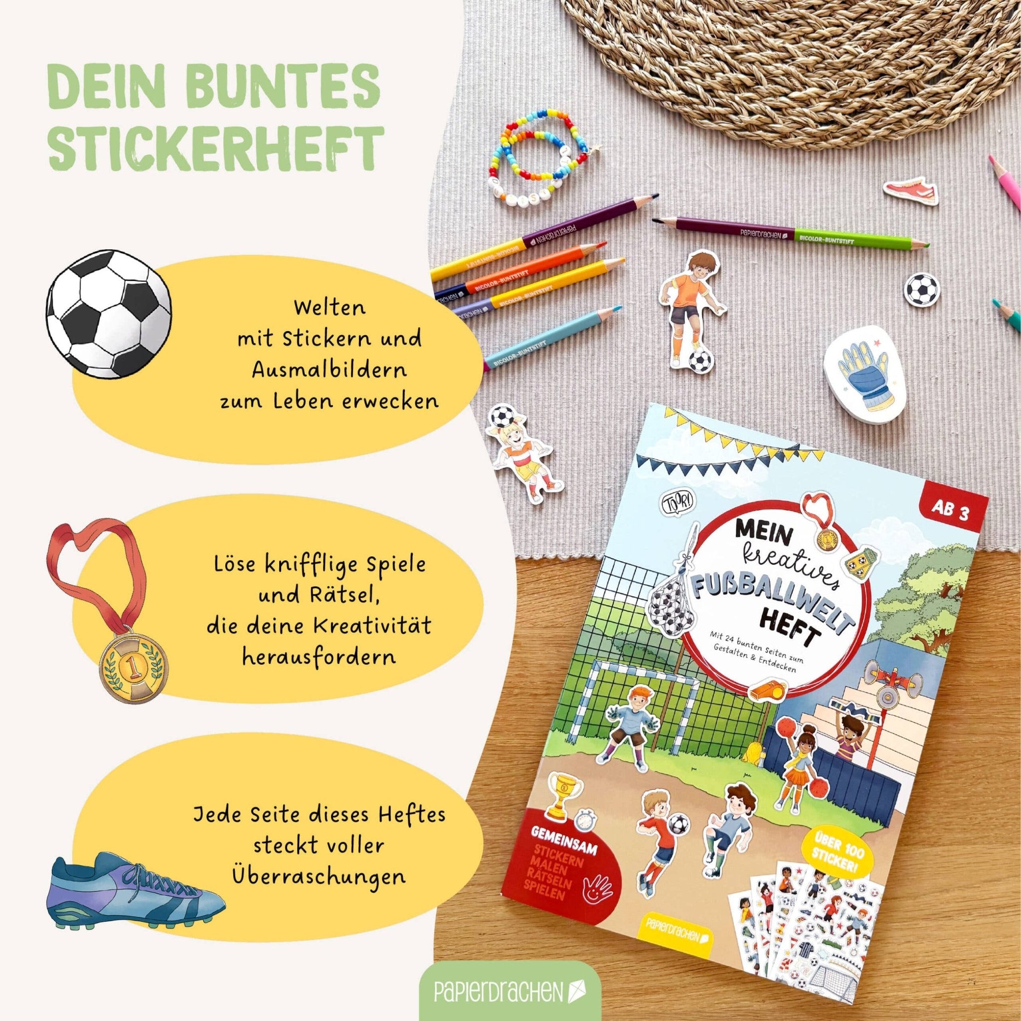 Papierdrachen Mein kreatives Fußballwelt Heft - Malen, Rätseln, Stickern Papierdrachen - malmichbunt.de