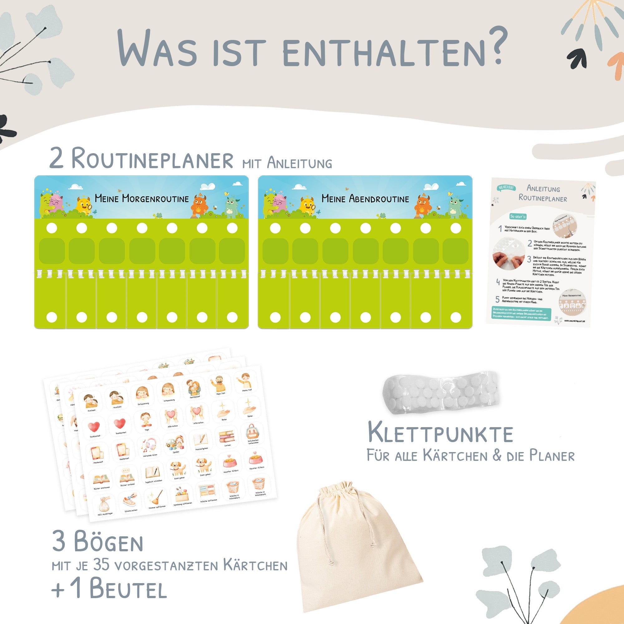 Routineplaner (Morgen & Abend) inkl. 105 Routinekärtchen - Mutmachbande Jeka - malmichbunt.de